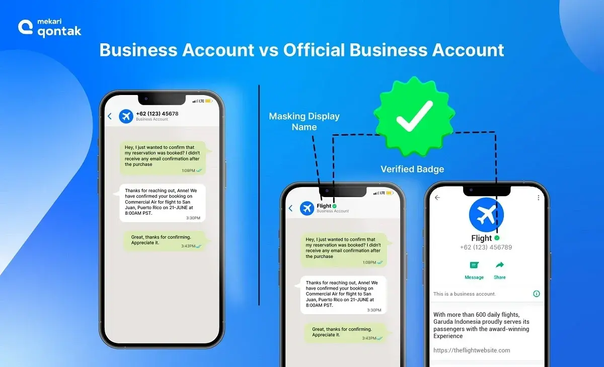 The difference between WhatsApp Business Account and WhatsApp Business Official Account with green tick verification.