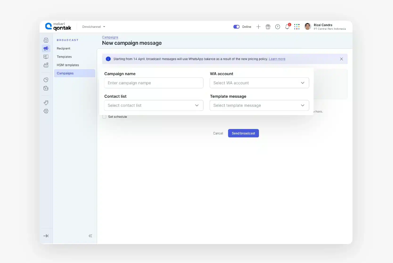 A screenshot of the final step in the blast message process, showing the 'Submit' button ready to send out the template to the compiled list of contacts after WhatsApp's approval.