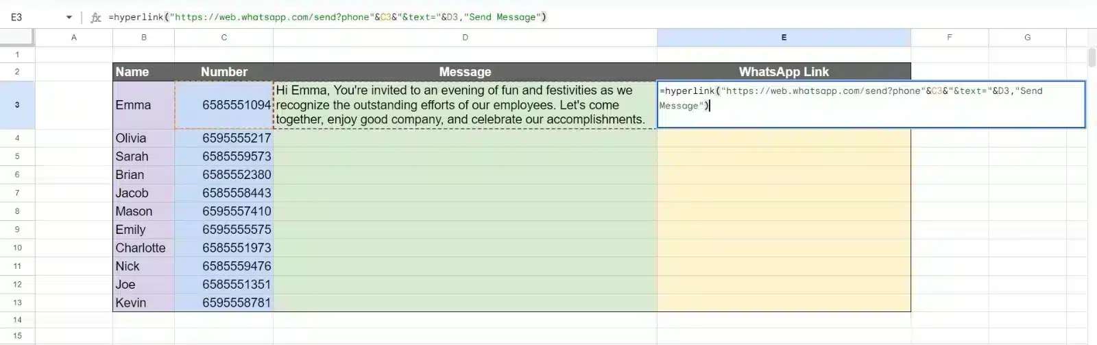 Step 2 to send WhatsApp messages from Excel Automatically by Creating a WhatsApp link to send messages automatically send WhatsApp from Excel