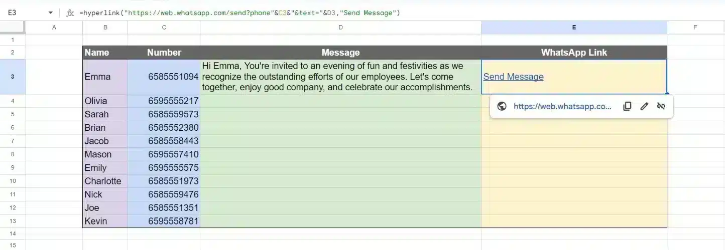Step 3 to send WhatsApp messages from Excel Automatically by Dragging the finished WhatsApp link down to create a hyperlink for all recipient
