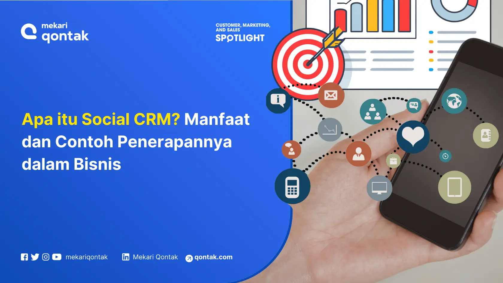 Hasil penelitian tentang Social CRM menjelaskan manfaat dan penerapan strategi bisnis, diiringi simbol-simbol teknologi komunikasi terkini.