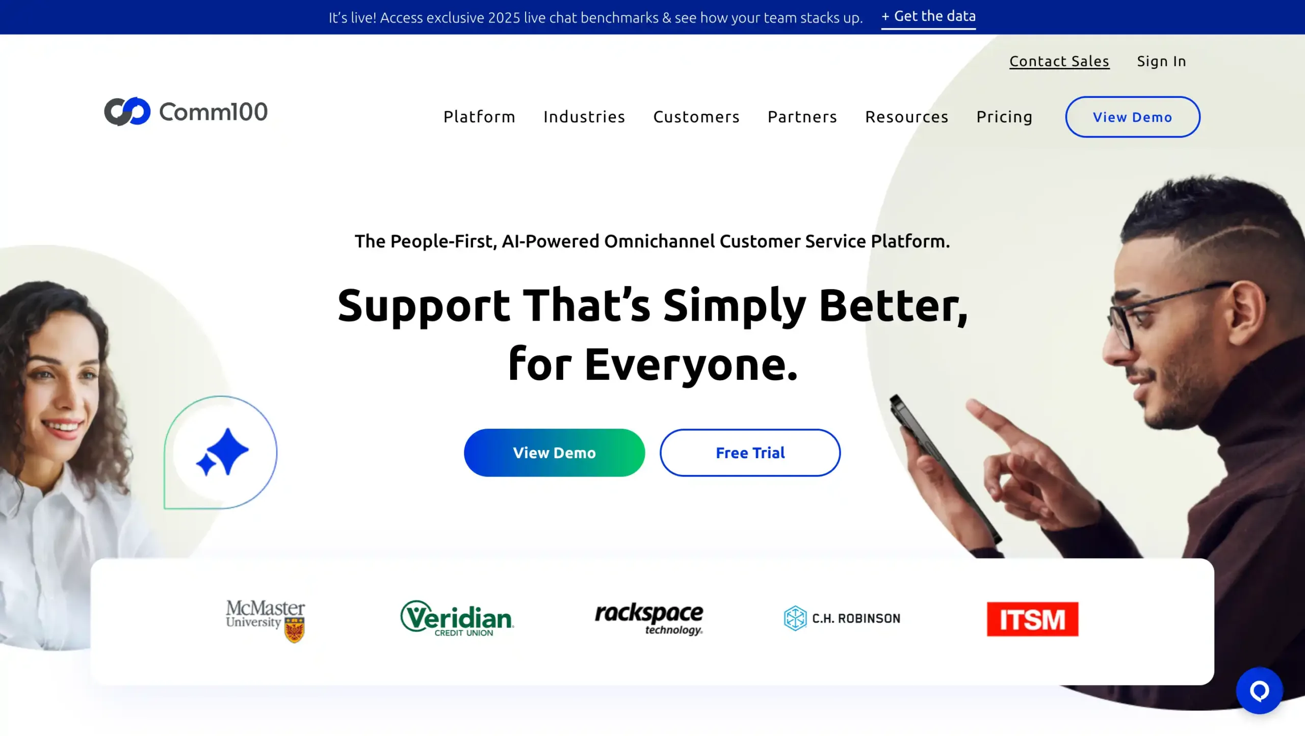 Landing Page Comm100 Comm100-Web chat application