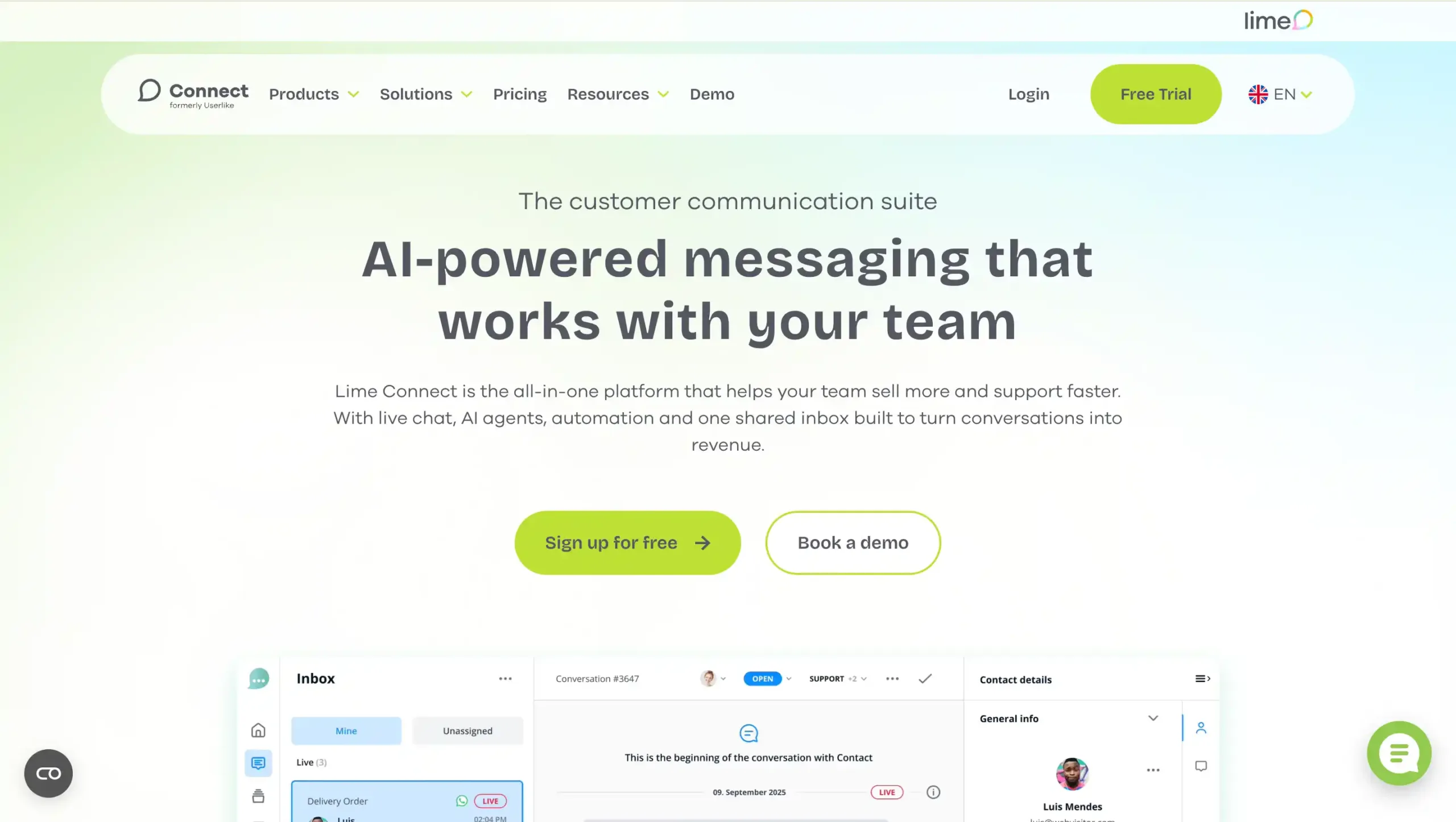 Landing Page Lime Connect Lime Connect-Web chat application