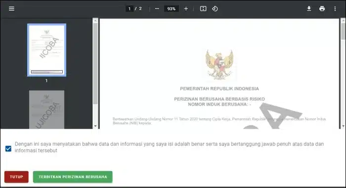 Periksa draf Perizinan Berusaha cara membuat NIB -periksa kembali Perizinan Berusaha.