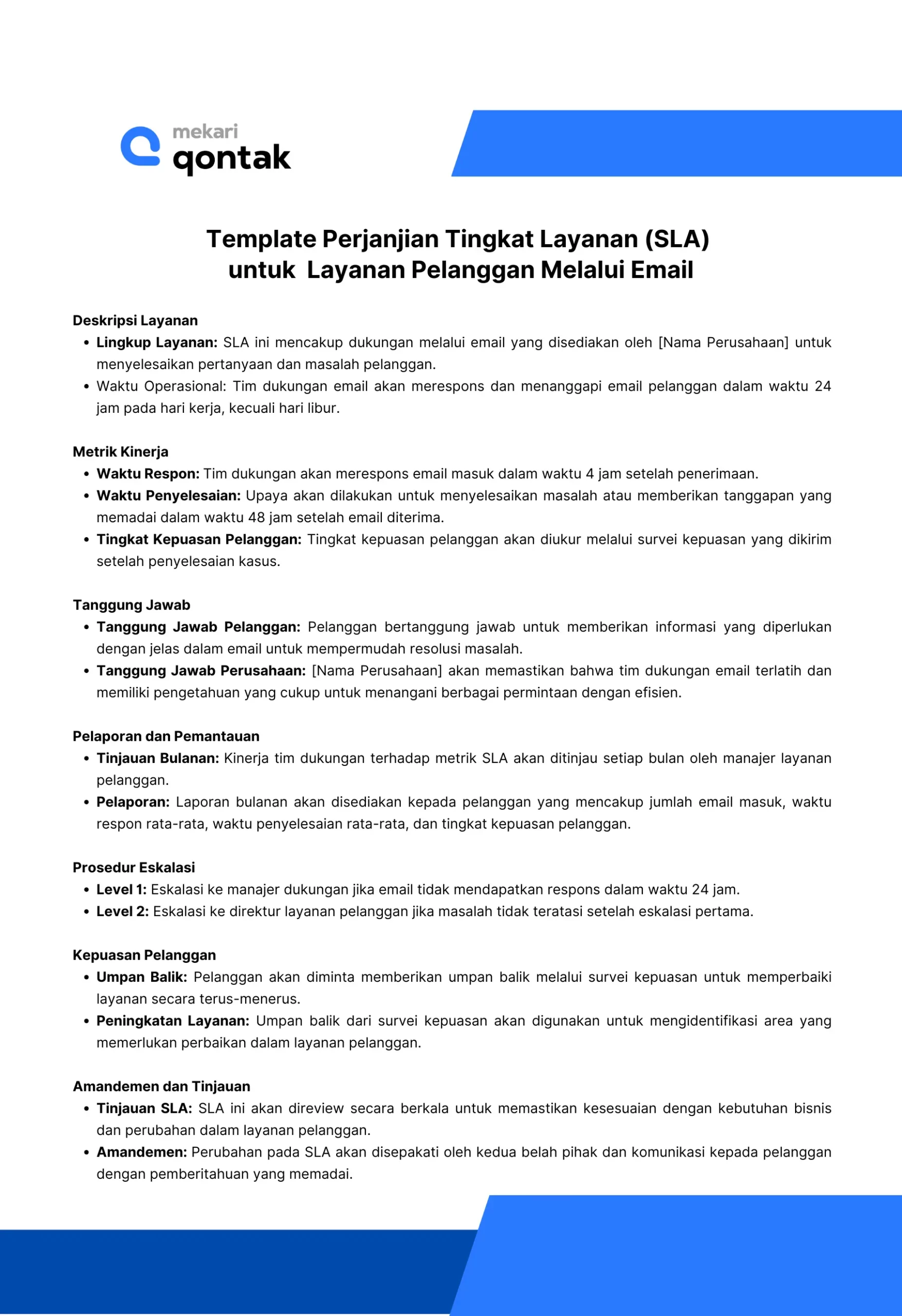 Template Perjanjian Tingkat Layanan (Customer SLA) untuk Layanan Pelanggan Melalui Email