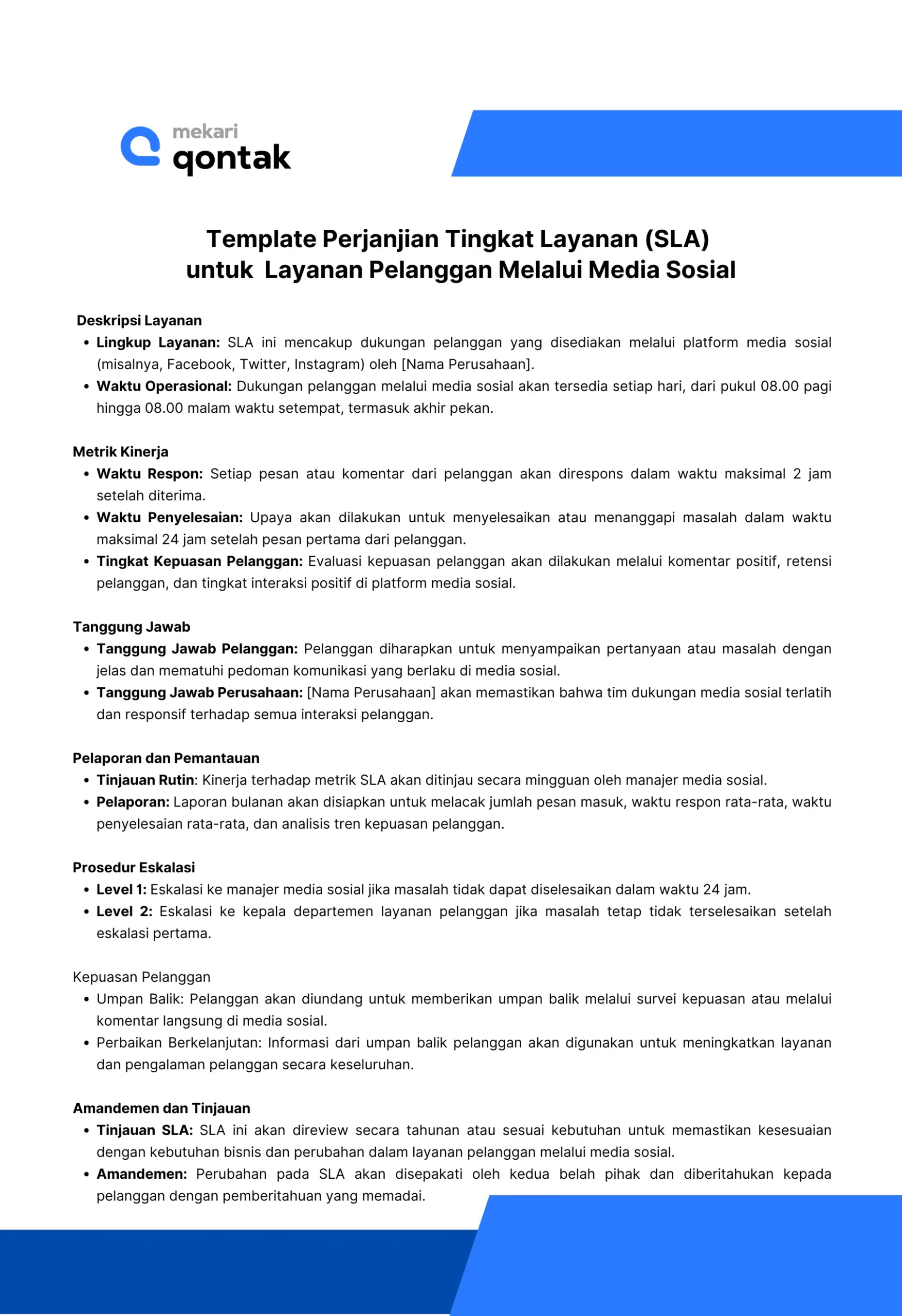 Template Perjanjian Tingkat Layanan (Customer SLA) untuk Layanan Pelanggan Melalui Media Sosial