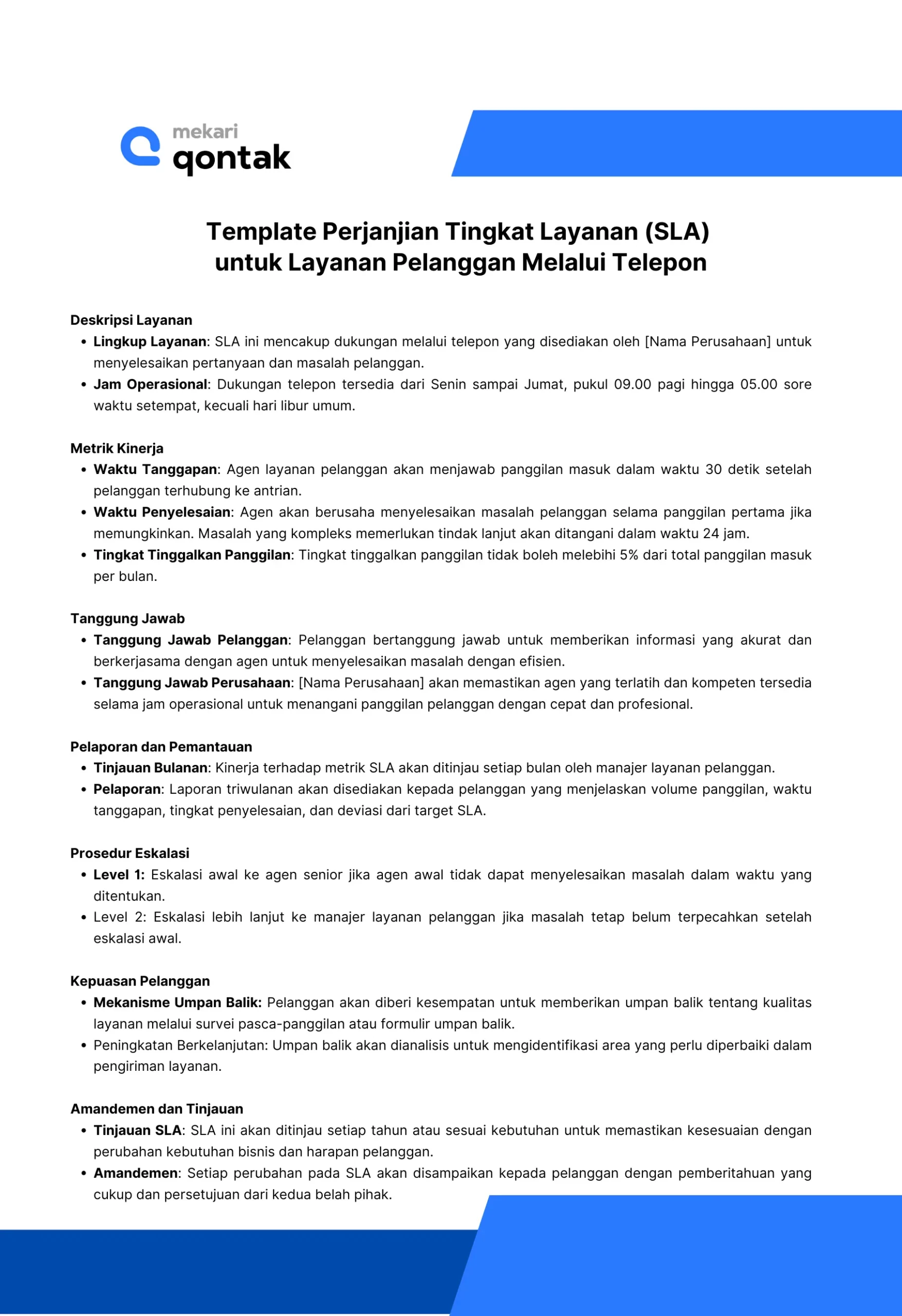 Template Perjanjian Tingkat Layanan (SLA) untuk Layanan Pelanggan Melalui Telepon