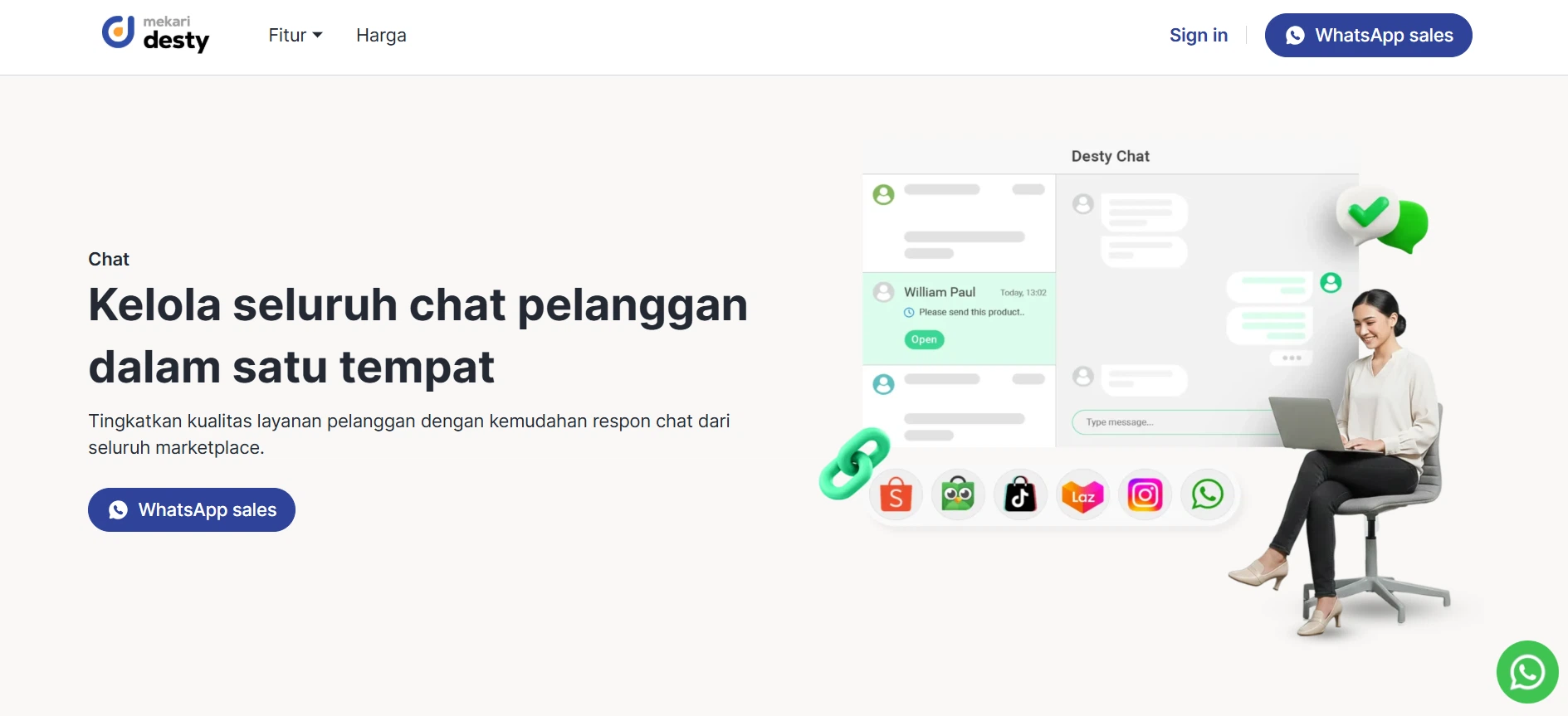 Landing Page Mekari Desty halaman fitur chat aplikasi chat marketplace mekari desty