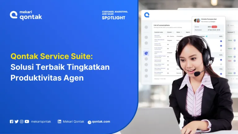 Layar aplikasi Qontak menampilkan daftar percakapan pelanggan, di mana seorang agen telepon mengenakan headset, bekerja untuk meningkatkan produktivitas.