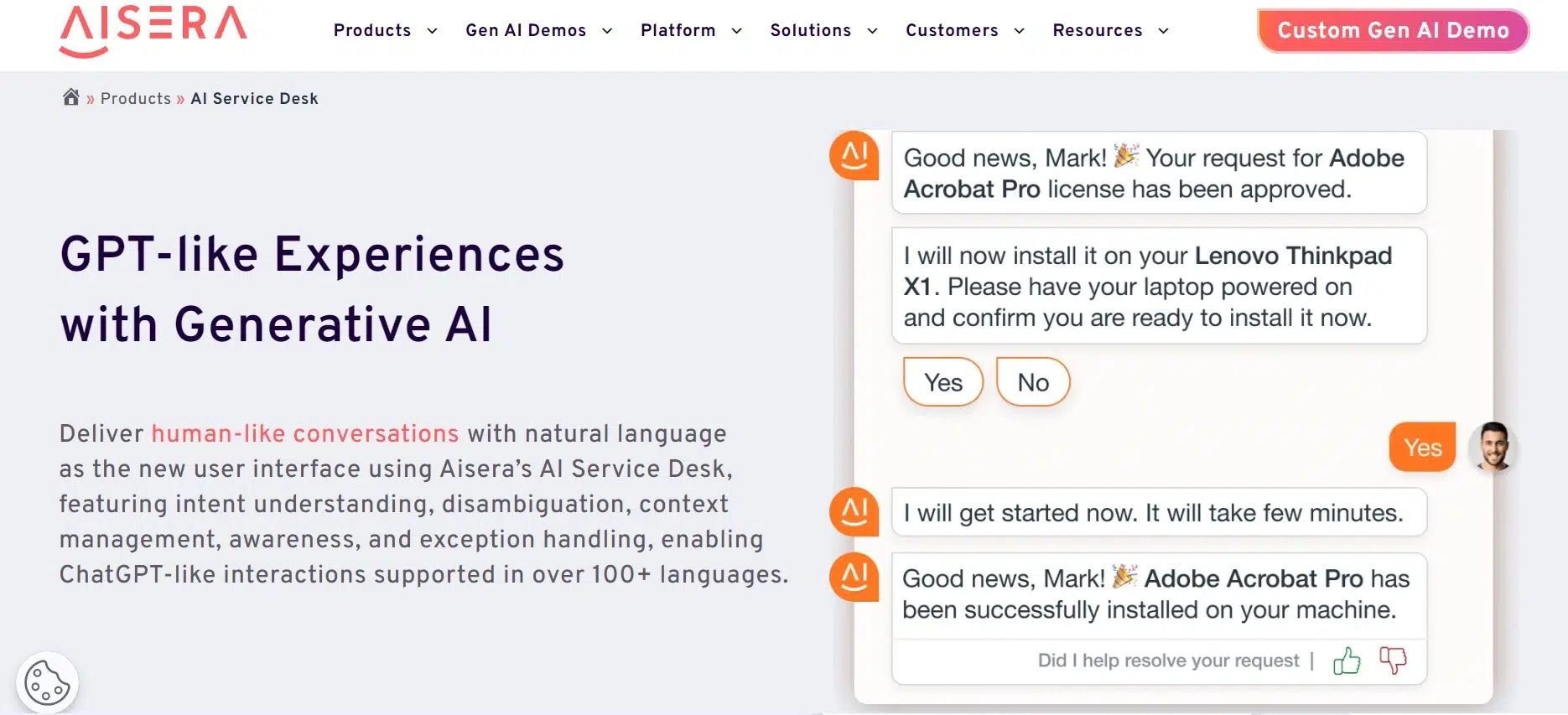 Landing Page Aisera Chatbot service desk software_Aisera