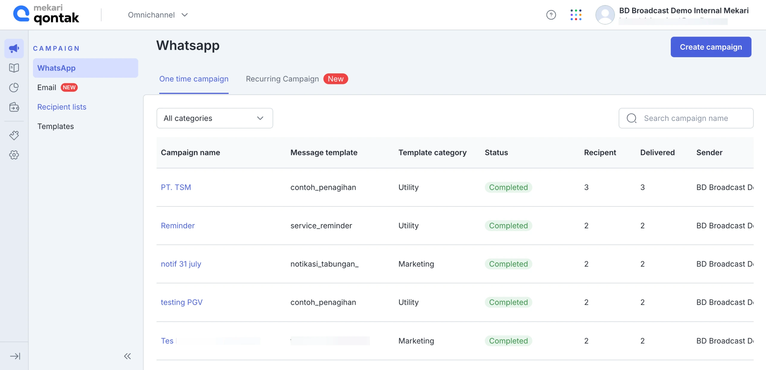 Dashboard Halaman Campaign Vendor Whatsapp Blast Mekari Qontak