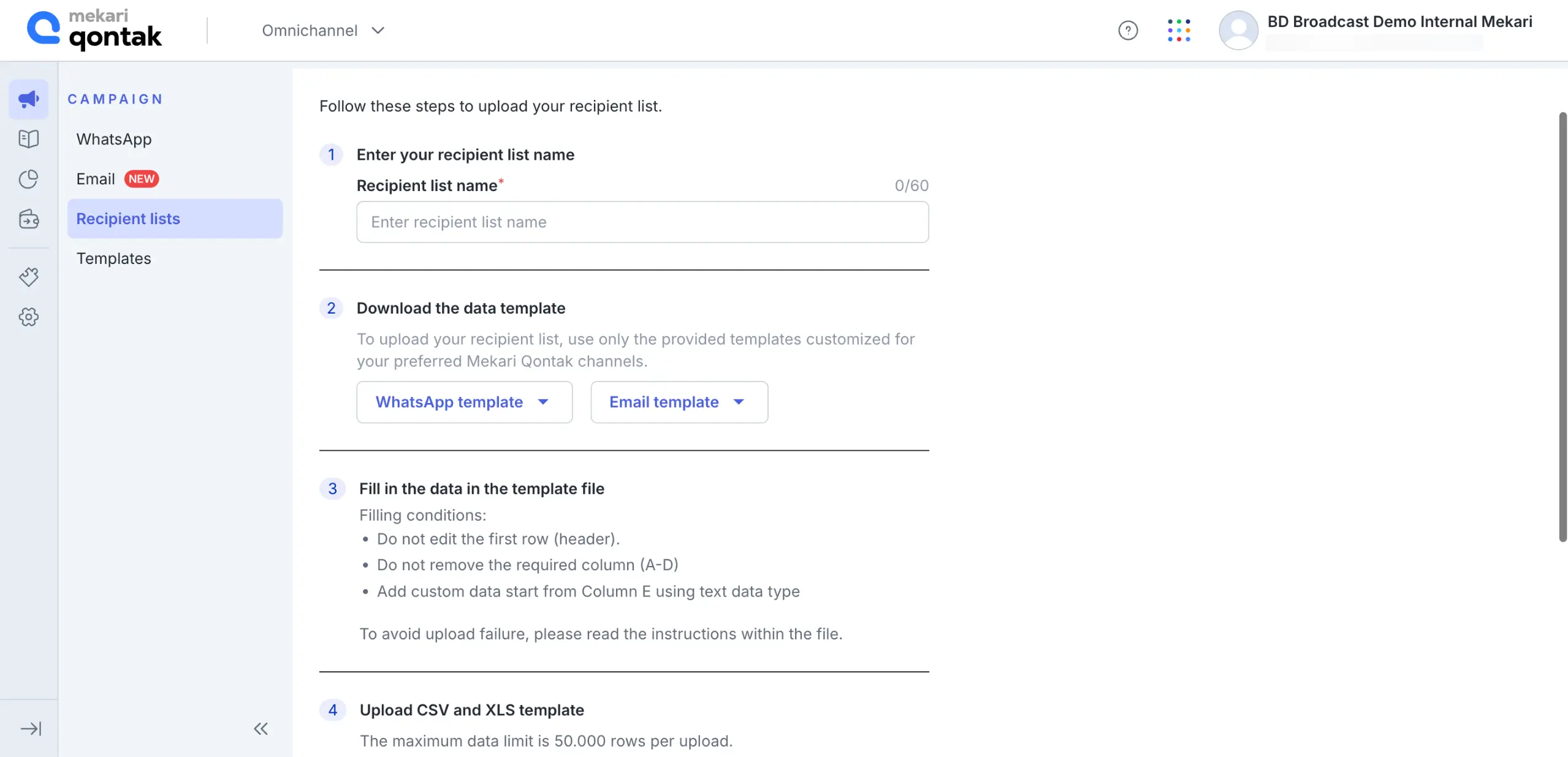 Dashboard Impor Kontak Vendor Whatsapp Blast Mekari Qontak