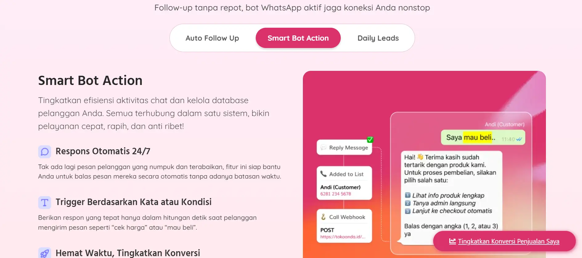 Tampilan Fitur Smart Bot Action Aplikasi Bulk Whatsapp Sender Terbaik WatZap