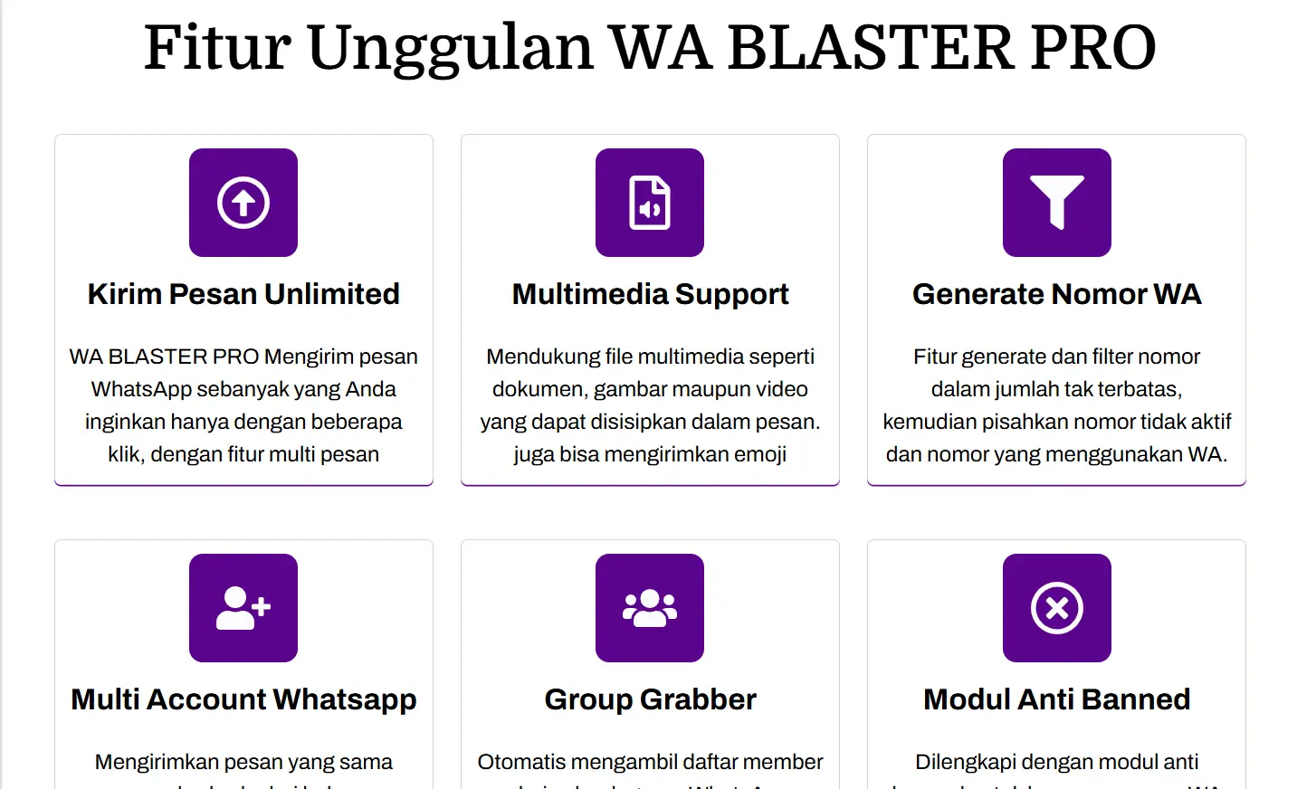 Tampilan Halaman Fitur Aplikasi Bulk WhatsApp Sender Terbaik Wa Blast Pro Halaman Fitur Aplikasi Bulk WhatsApp Sender Terbaik Wa Blast Pro