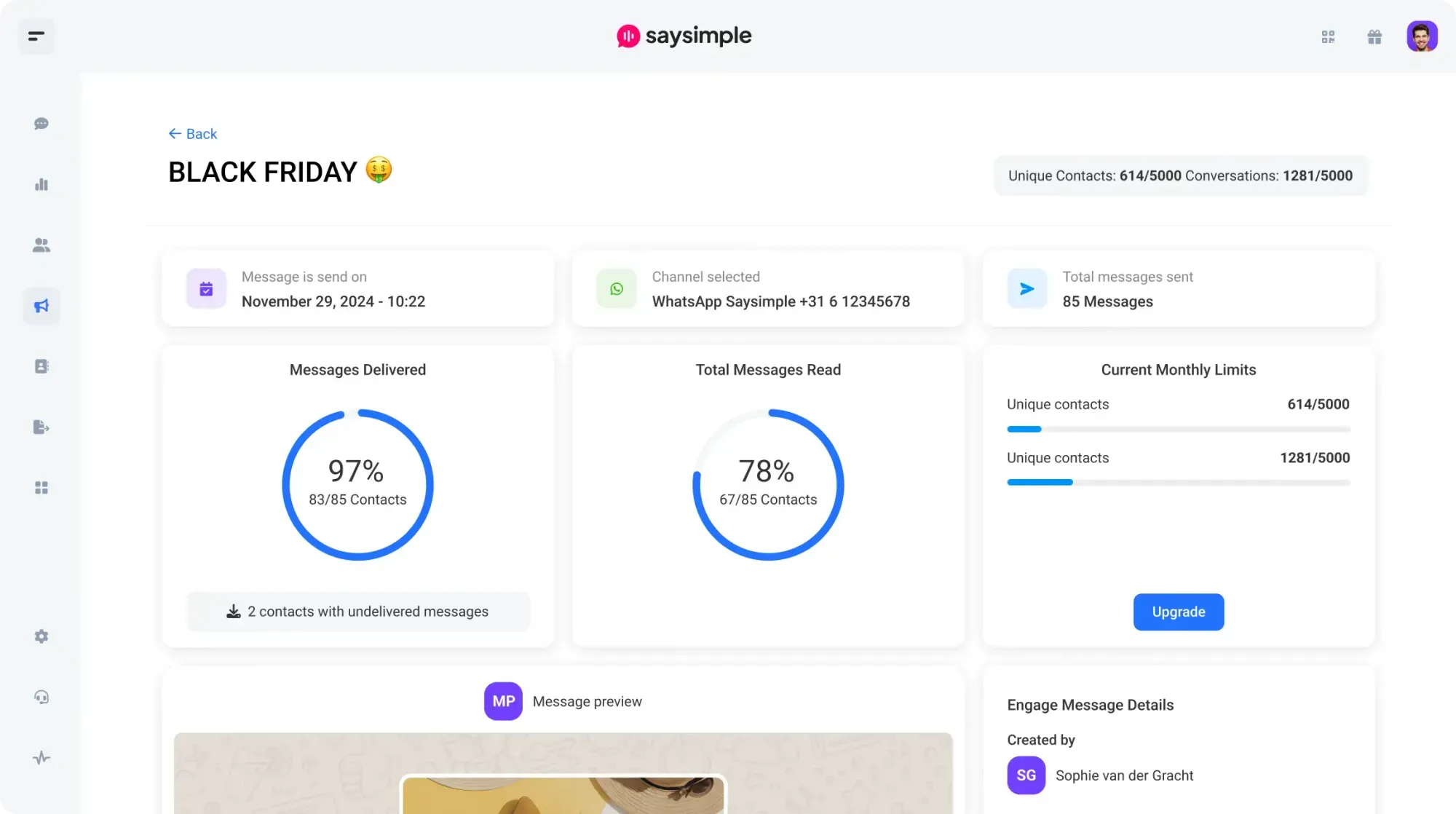 Tampilan Dashboard Laporan Analitik Aplikasi Broadcast WhatsApp Saysimple Dashboard Laporan Analitik Aplikasi Broadcast WhatsApp Saysimple