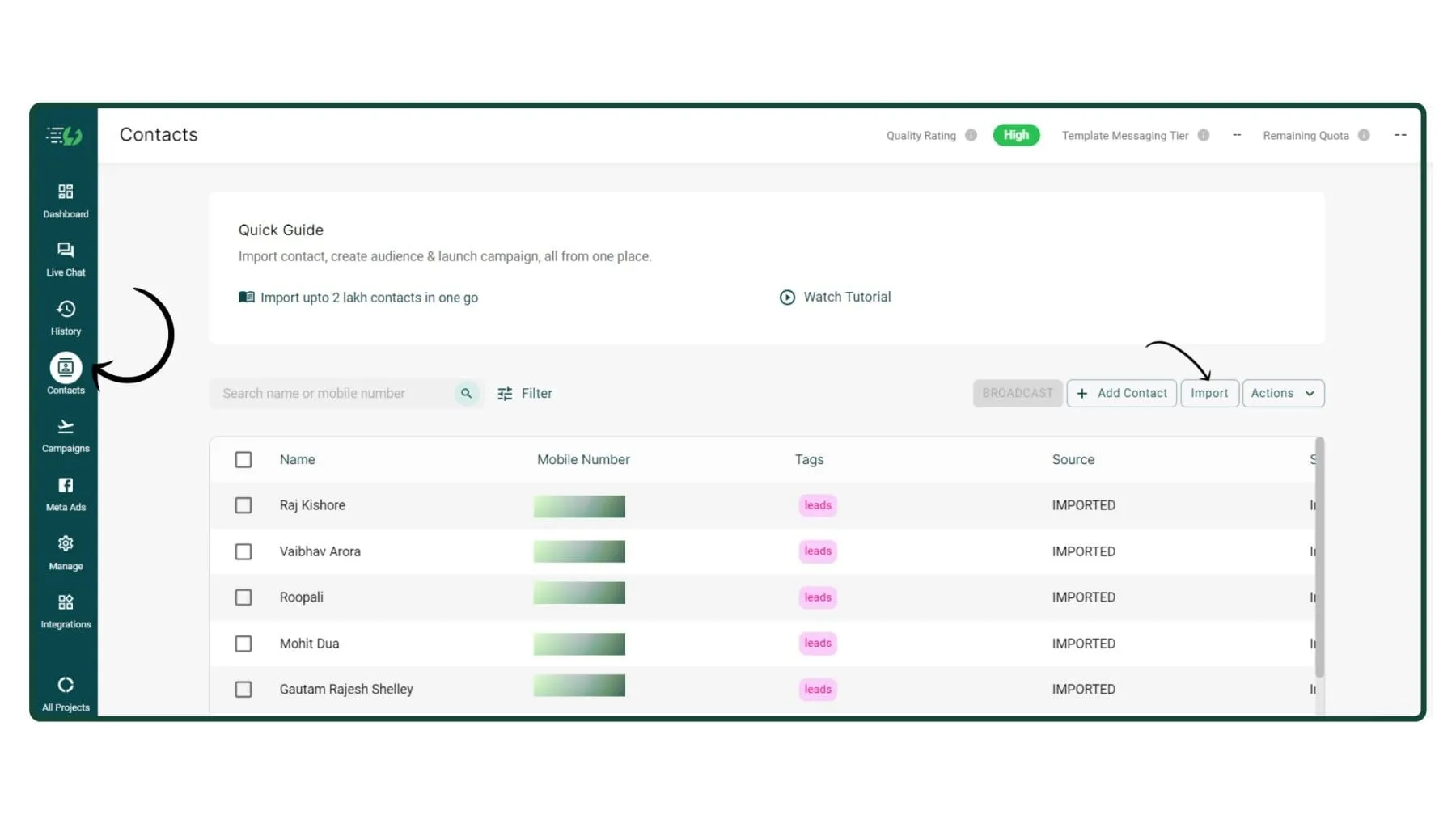 Tampilan Dashboard Manajemen Kontak Aplikasi Broadcast WhatsApp AiSensy Dashboard Manajemen Kontak Aplikasi Broadcast WhatsApp AiSensy