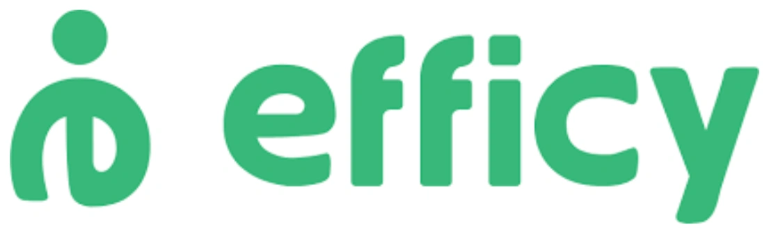 Logo berwarna hijau dengan tulisan "efficy" dan simbol lingkaran, menonjolkan identitas merek dalam konteks teknologi atau bisnis.