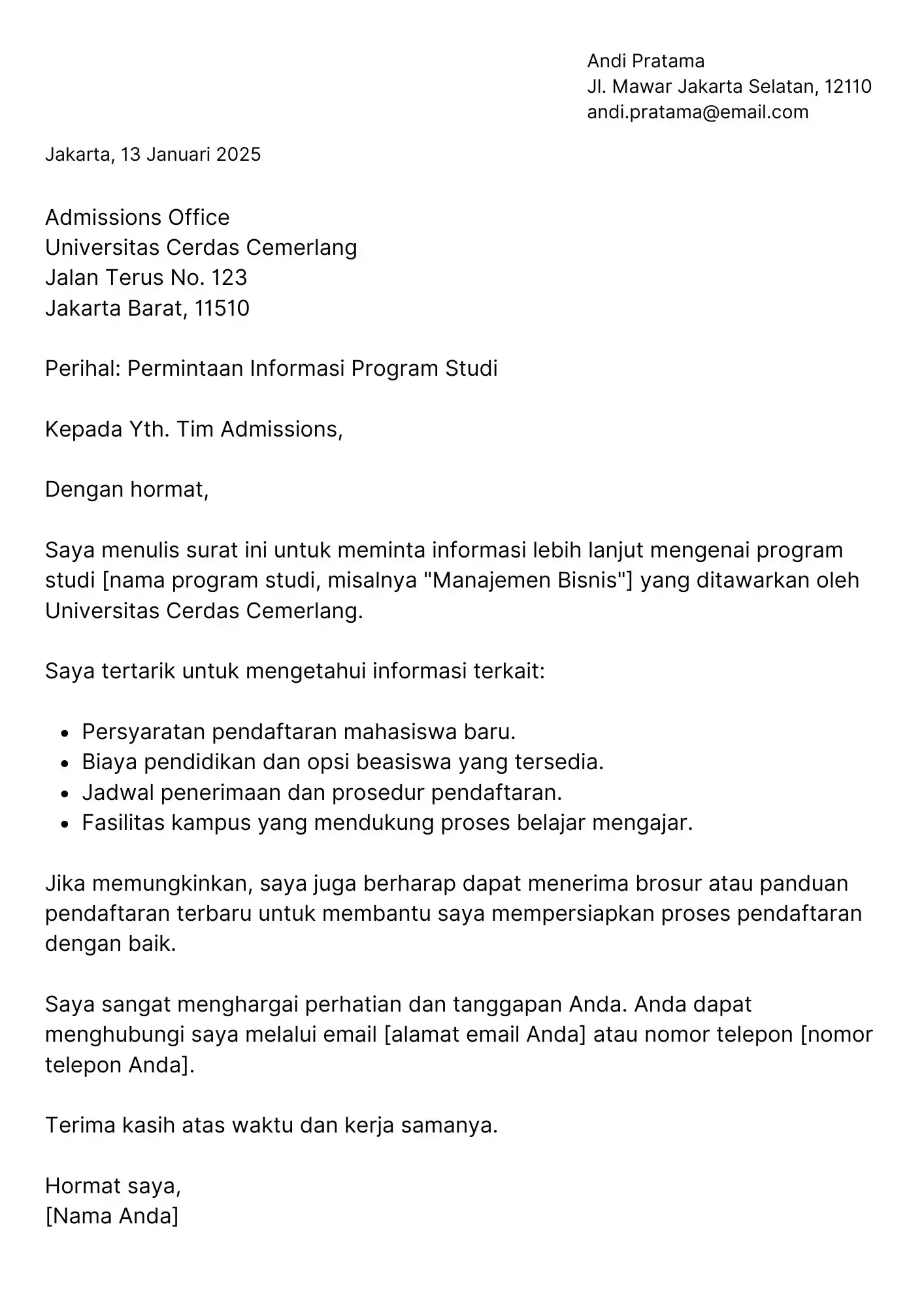 Contoh Inquiry Letter ke Universitas Contoh Inquiry Letter ke Universitas