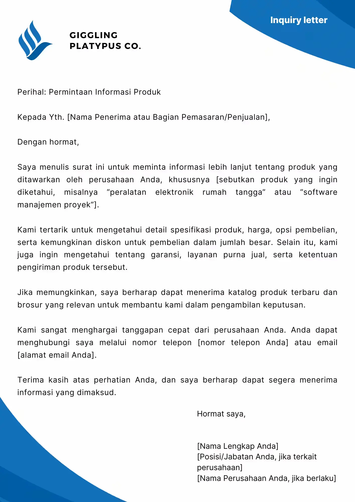 Contoh Inquiry letter untuk meminta informasi produk Contoh Inquiry letter untuk meminta informasi produk