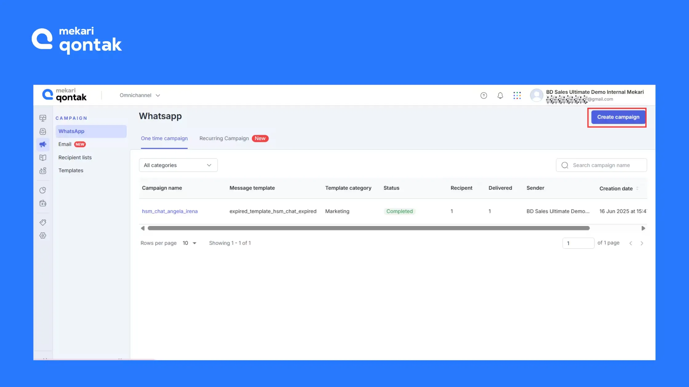 Tampilan Halaman Menu "Campaign" Mekari Qontak Halaman Menu "Campaign" Mekari Qontak