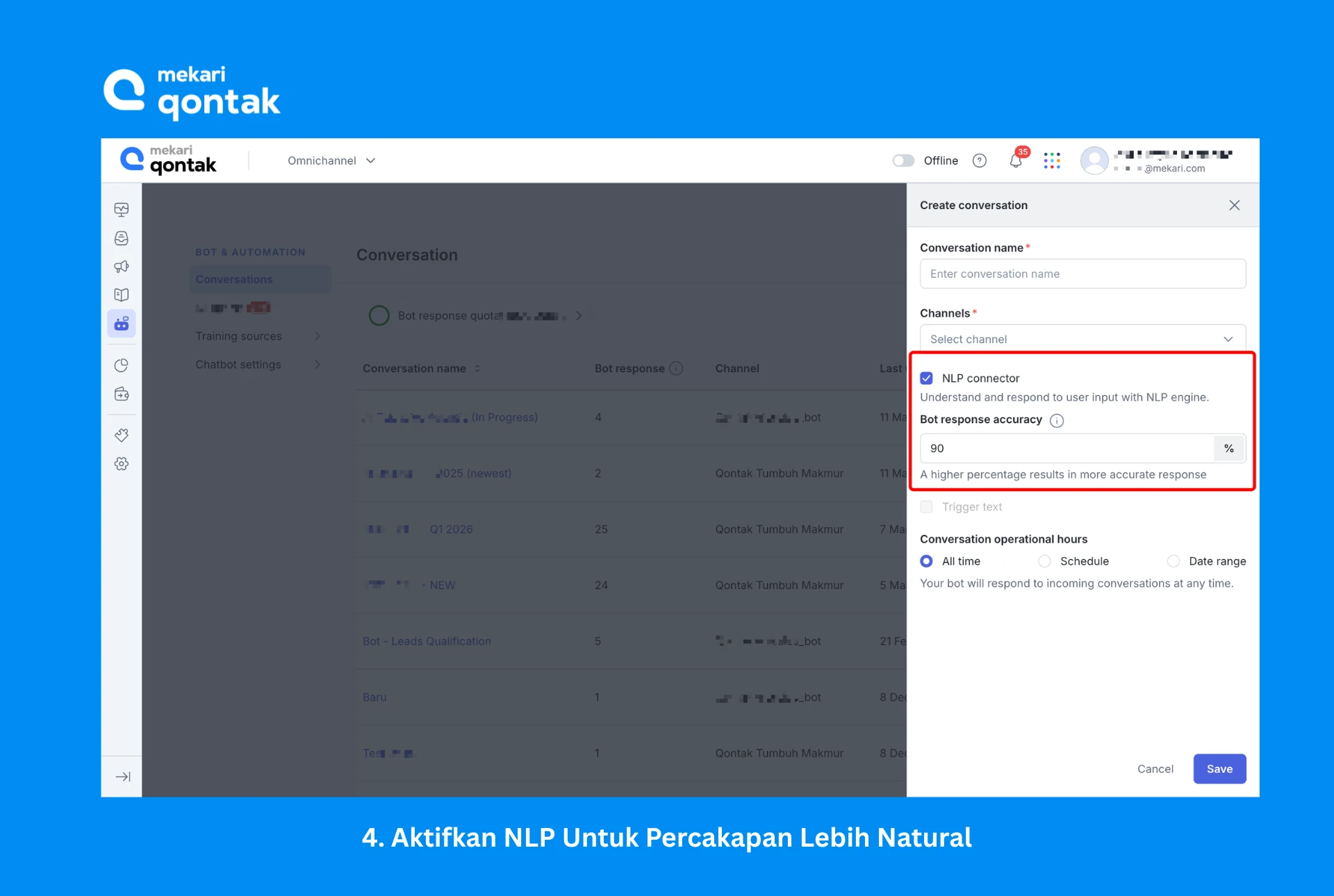 Tampilan Mengaktifkan NLP pada bot WhatsApp Mengaktifkan NLP pada bot WhatsApp