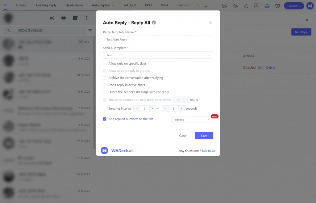 Tampilan Dashboard Fitur Auto Reply WhatsApp Blast Software WADeck Dashboard Fitur Auto Reply WhatsApp Blast Software WADeck