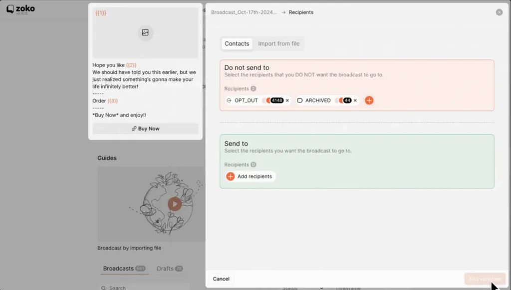 Tampilan Dashboard Kirim Broadcast - Pilih Kontak WhatsApp Blast Software Zoko Dashboard Kirim Broadcast - Pilih Kontak WhatsApp Blast Software Zoko