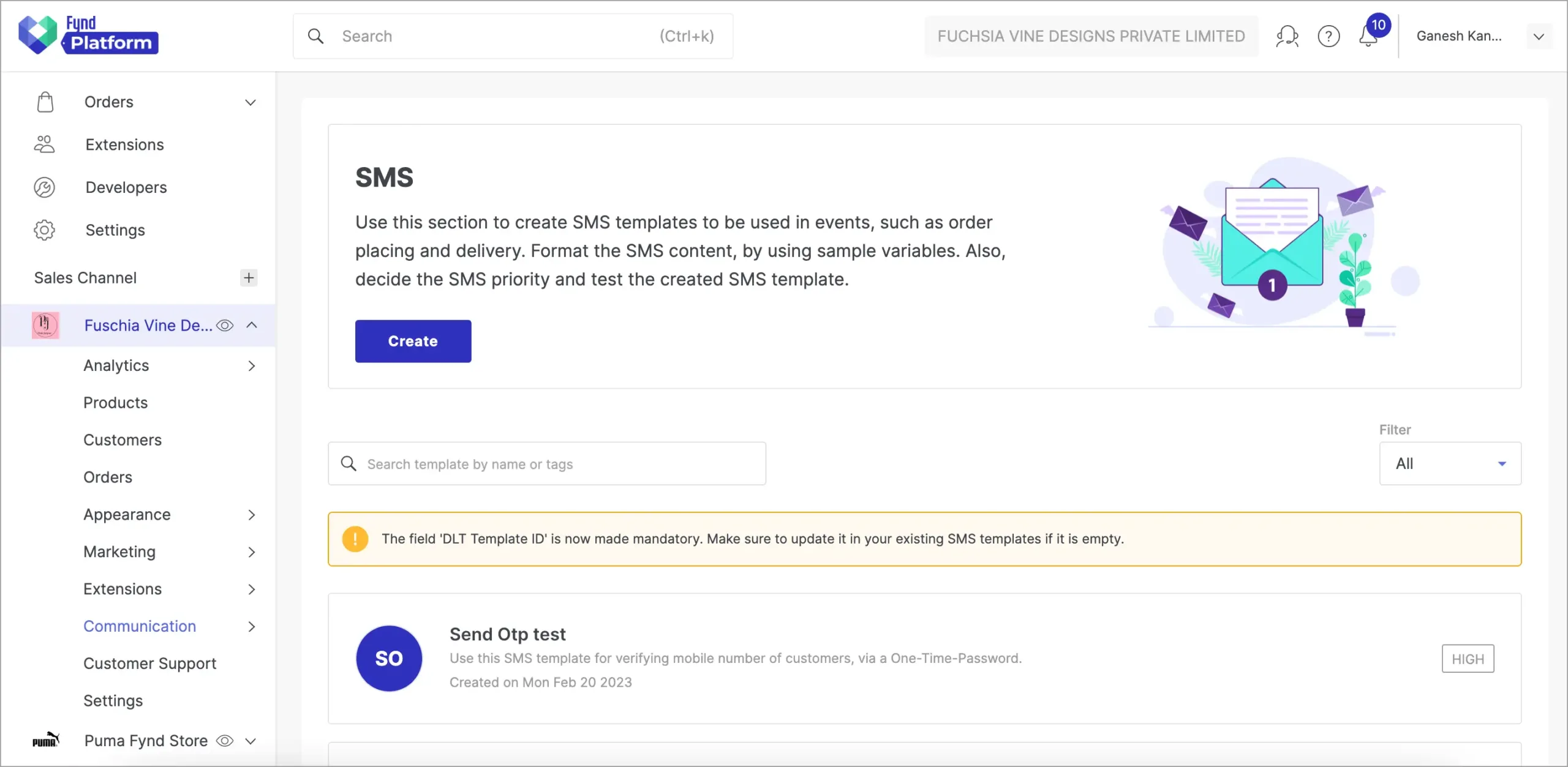 Dashboard SMS Aplikasi Omnichannel Fynd