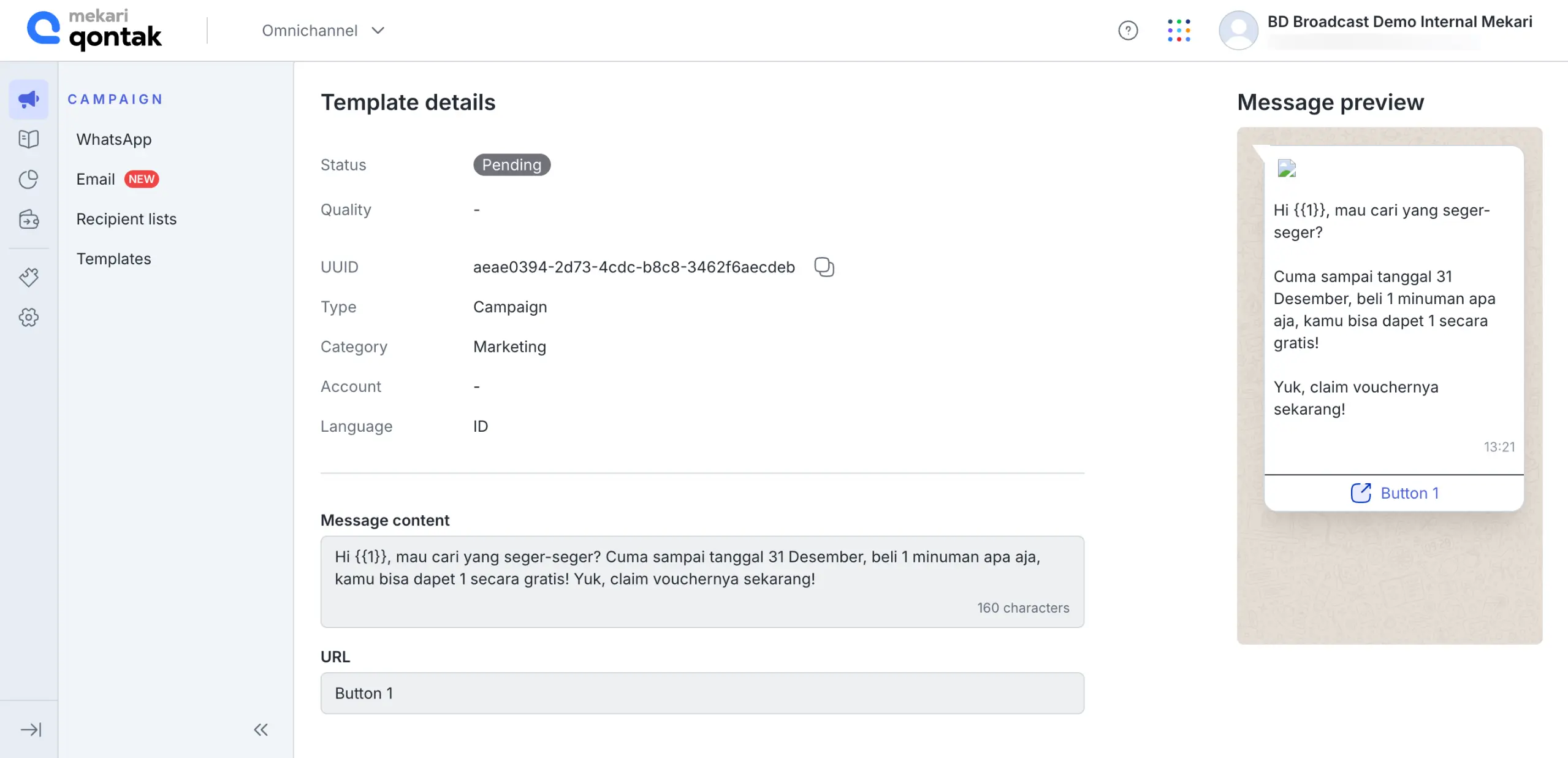 Tampilan Dashboard Template Pesan WhatsApp Blast Software Mekari Qontak Dashboard Template Pesan WhatsApp Blast Software Mekari Qontak