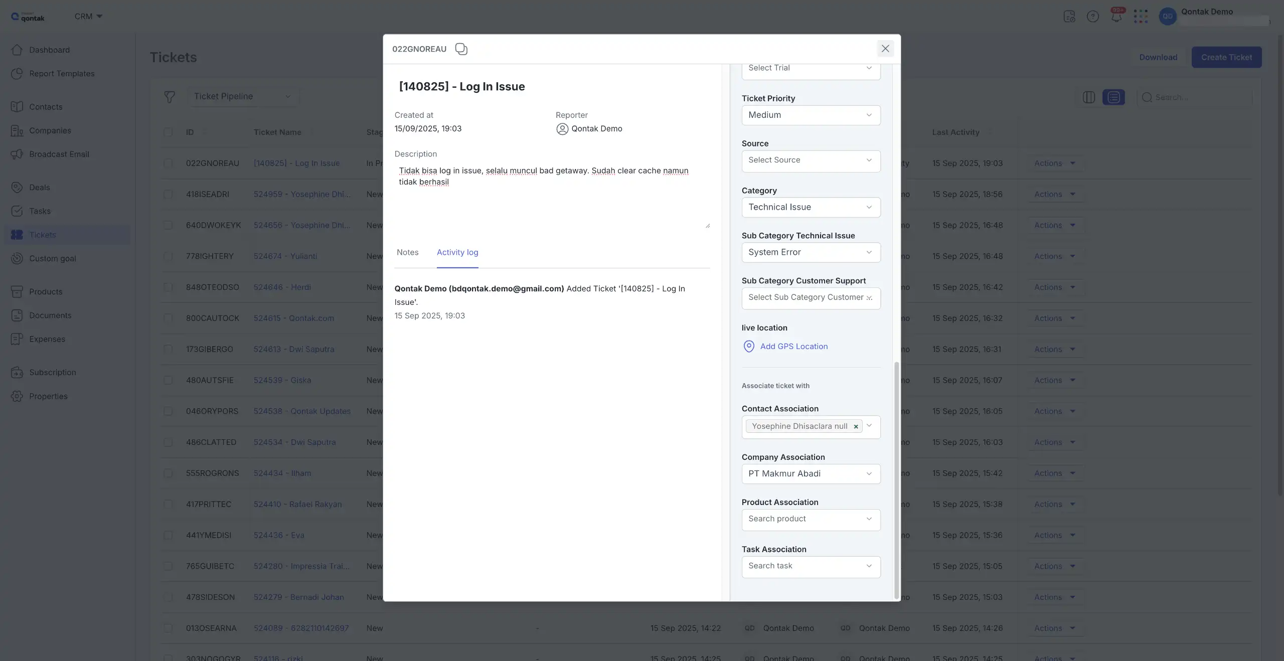 Dashboard Ticketing System Aplikasi Omnichannel Mekari Qontak