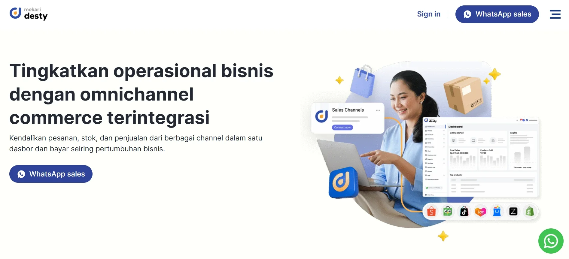 Homepage Aplikasi Omnichannel Marketplace Mekari Desty