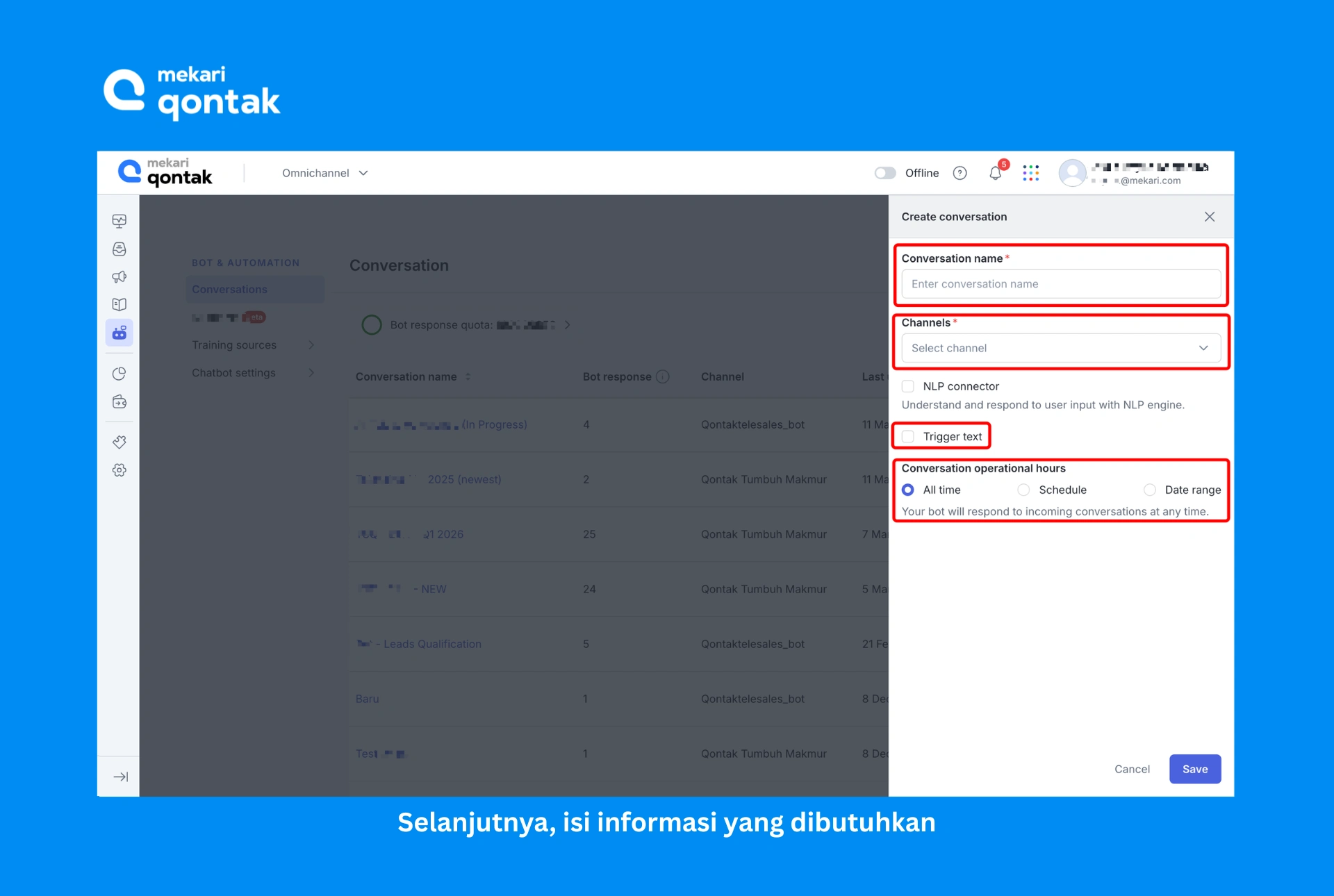 Tampilan Membuat Chatbot Mekari Qontak Isi informasi pembuatan bot percakapan yang dibutuhkan