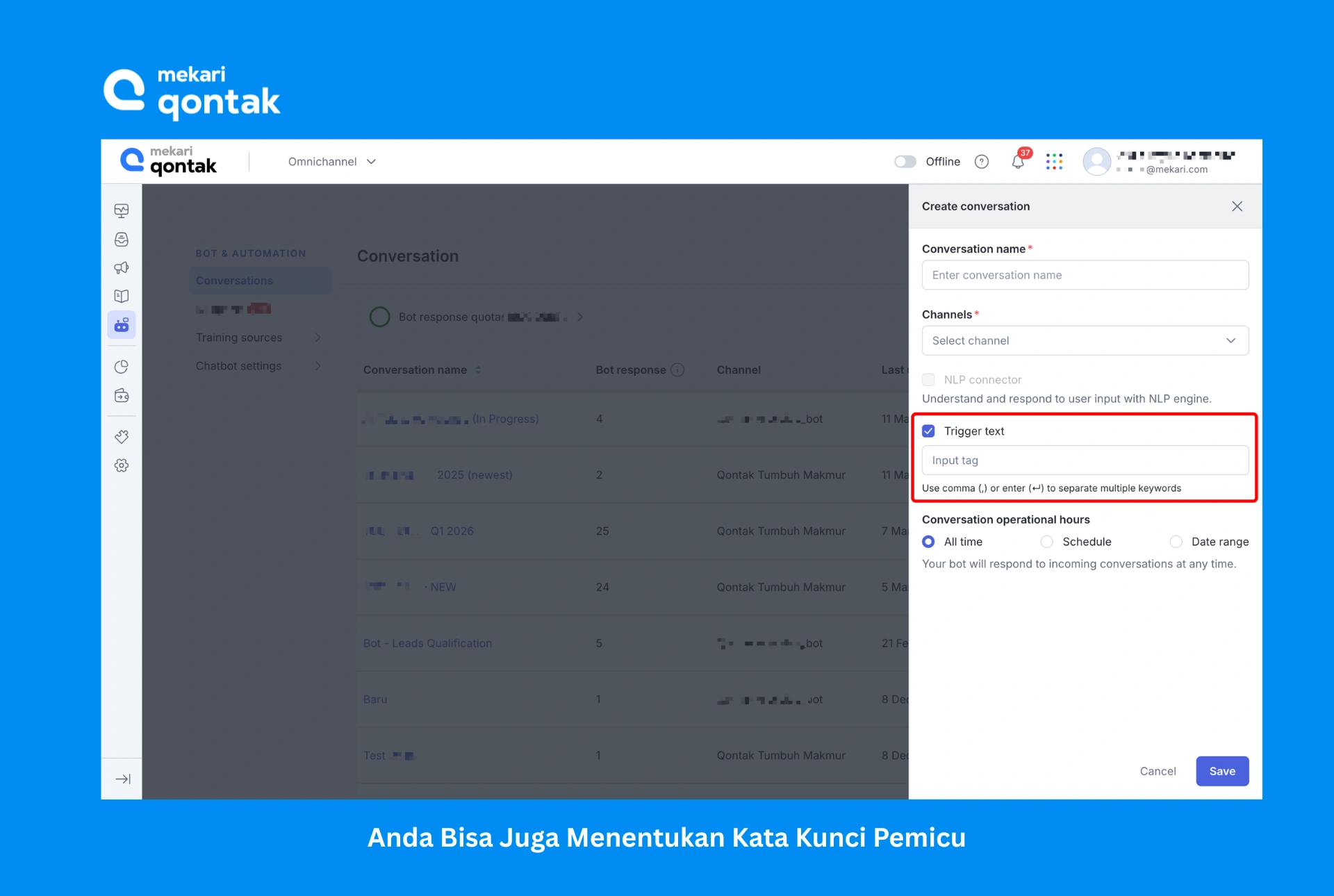 Tampilan Menentukan Kata Kunci Pemicu Cara menentukan kata kunci pemicu