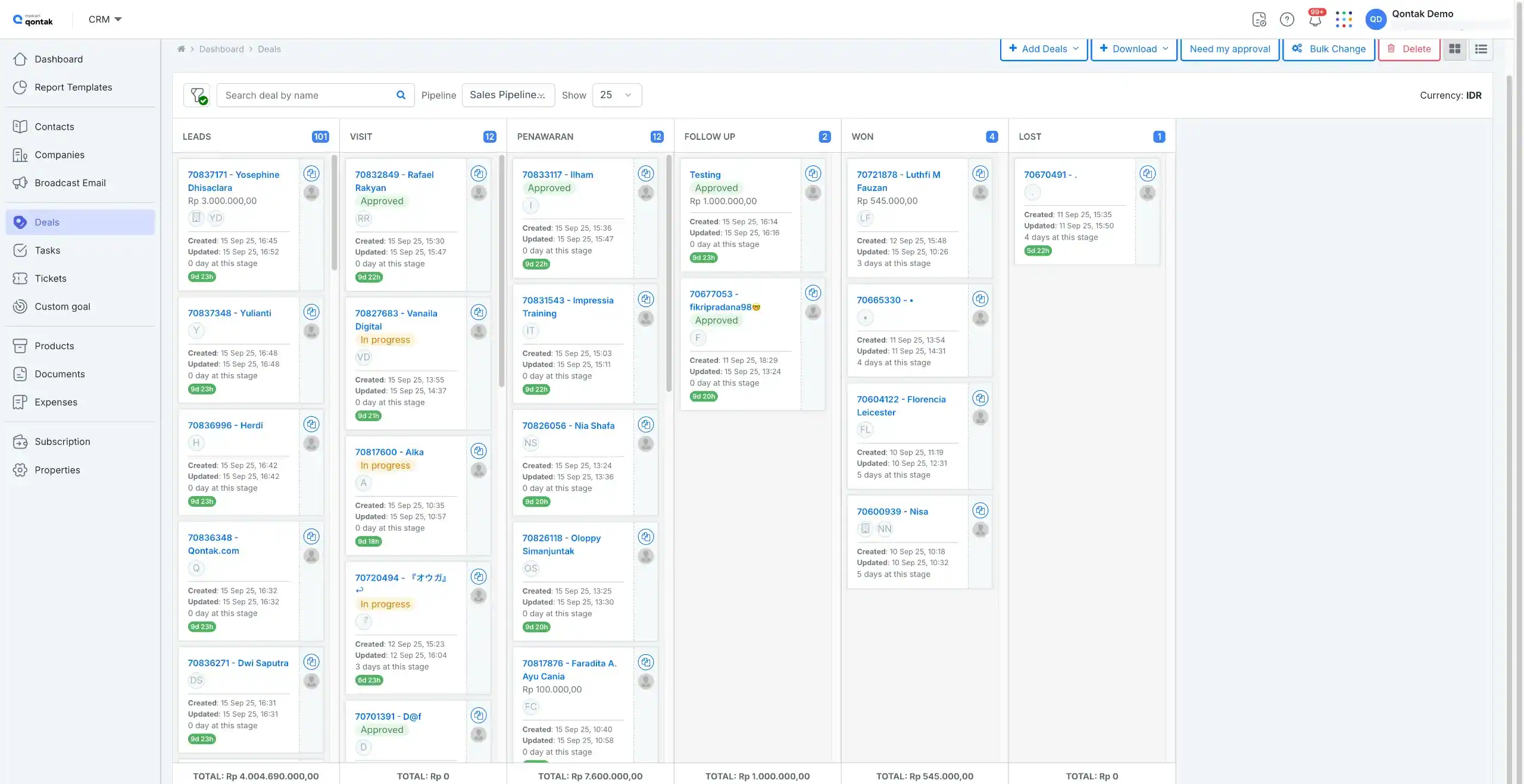 Dashboard Manajemen Leads Aplikasi Sales Rokok Mekari Qontak