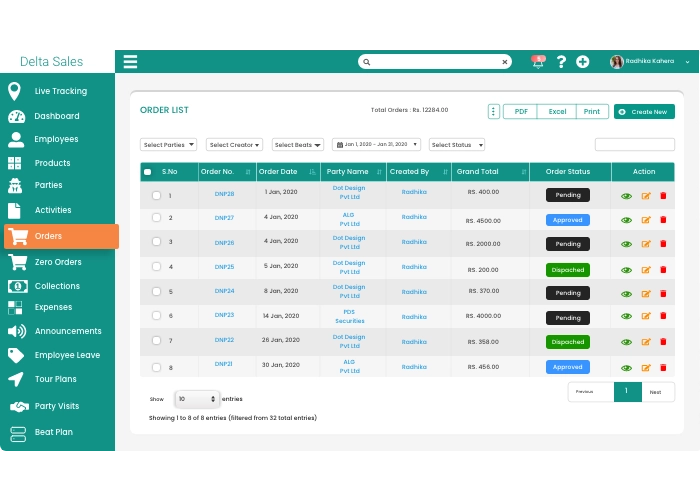 Dashboard Orders Aplikasi Sales Rokok Delta Sales App