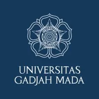 Logo dengan latar belakang biru tua menampilkan lambang Universitas Gadjah Mada yang terletak di tengah, mencerminkan identitas akademis institusi.