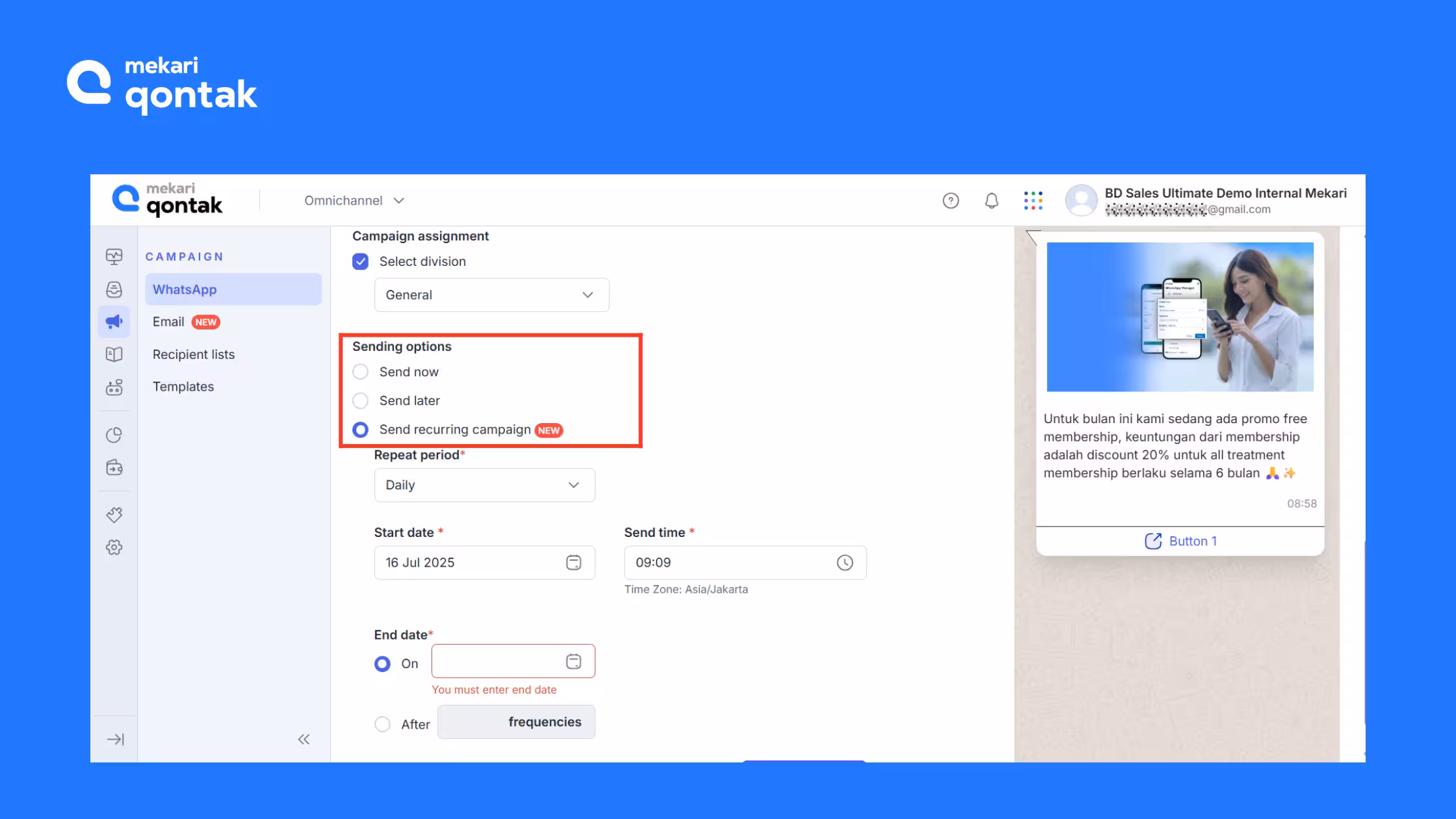 Jadwalkan atau kirim pesan Sekarang dengan memilih sending option