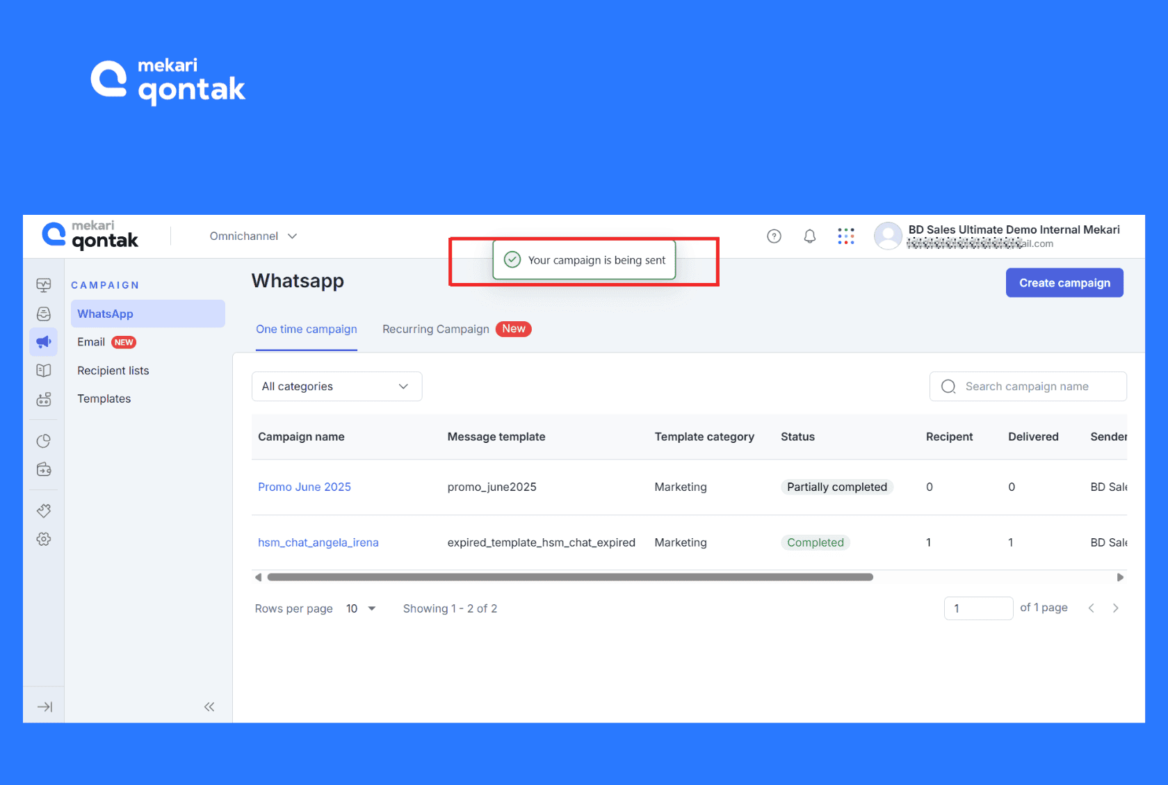 Gambaran notifikasi kampanye WhatsApp Blast sudah berhasil terkirim