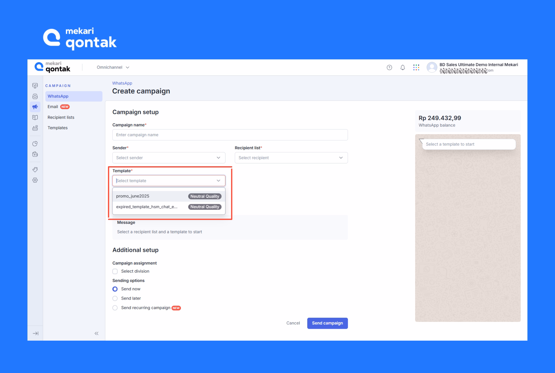 Pilih template pesan yang sudah tersedia