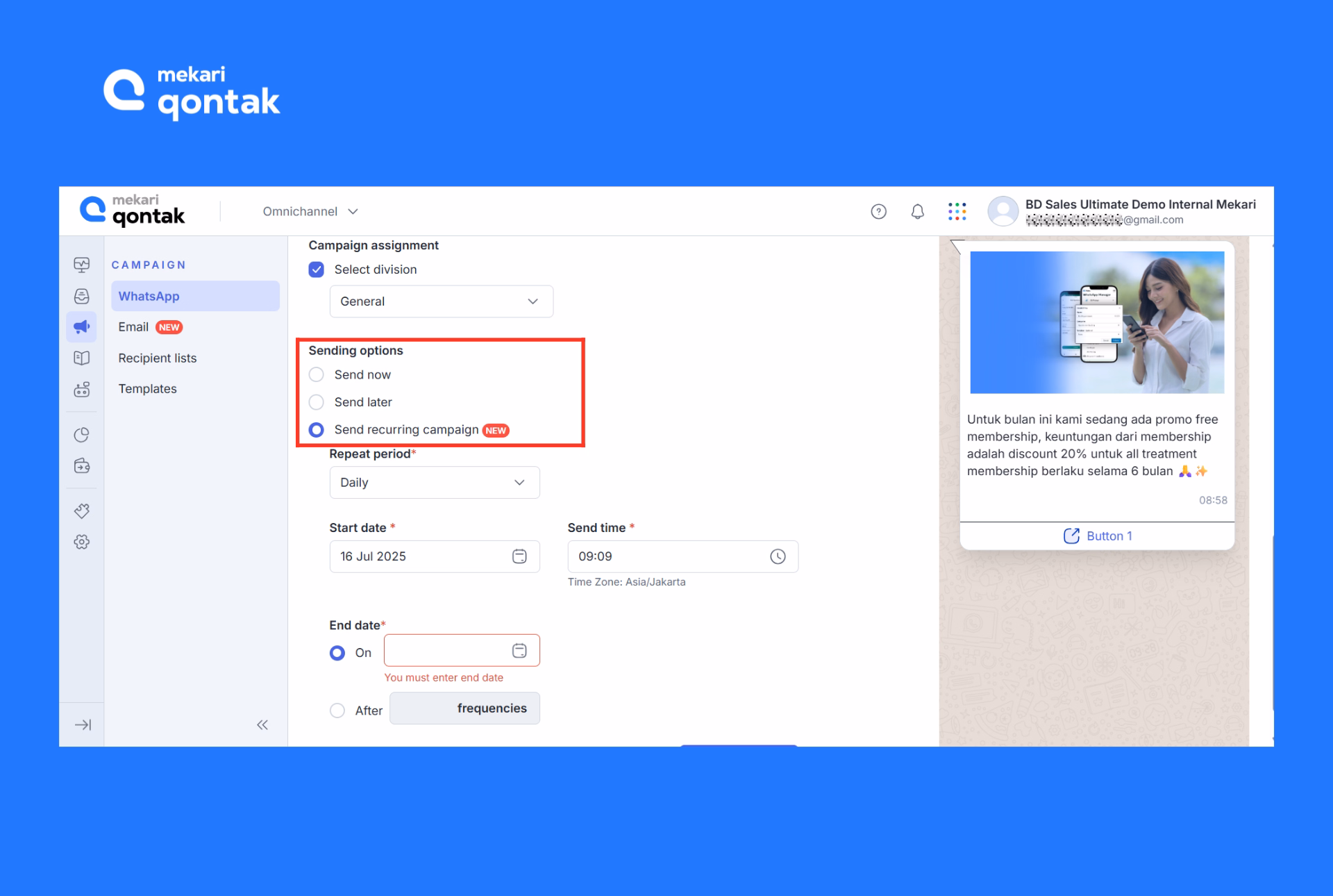 Jadwalkan atau kirim pesan Sekarang dengan memilih sending option