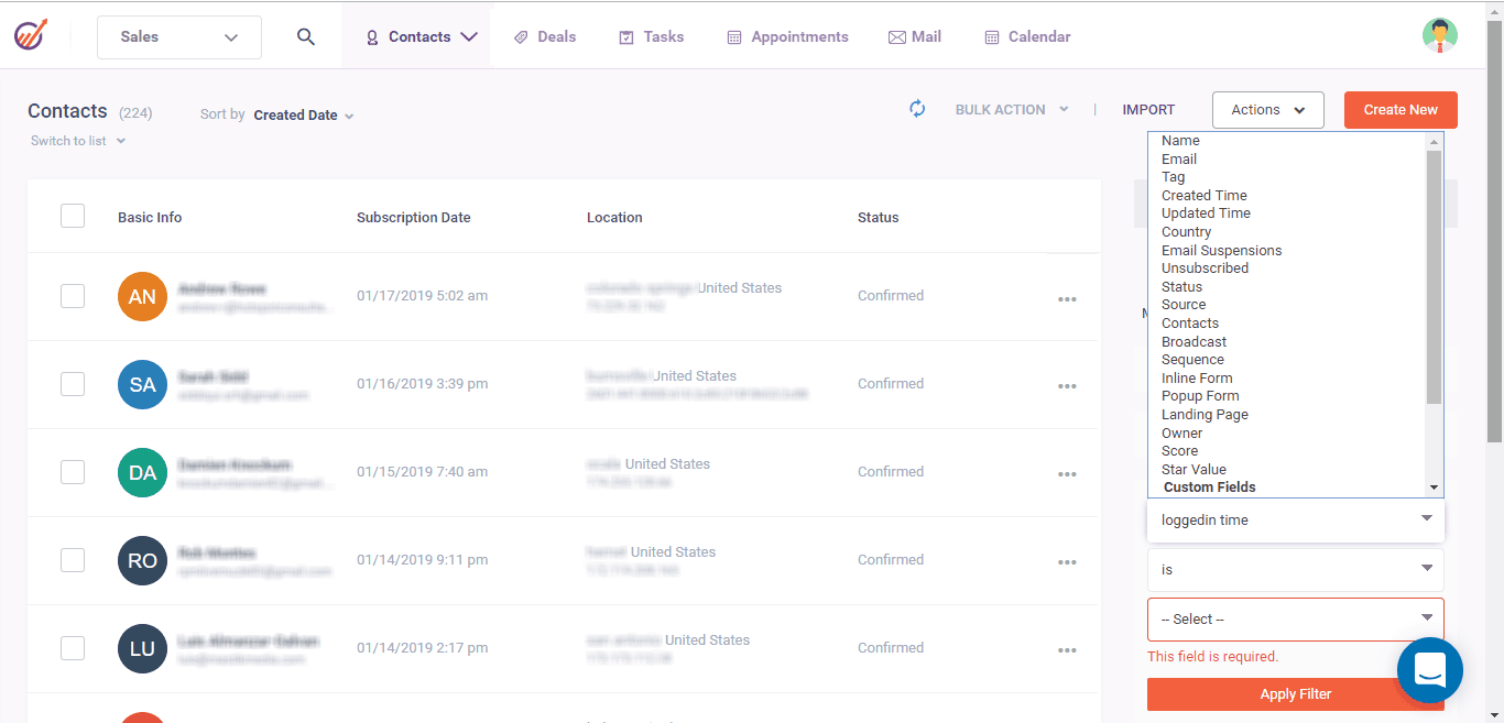 Dashboard Manajemen Kontak Aplikasi CRM EngageBay