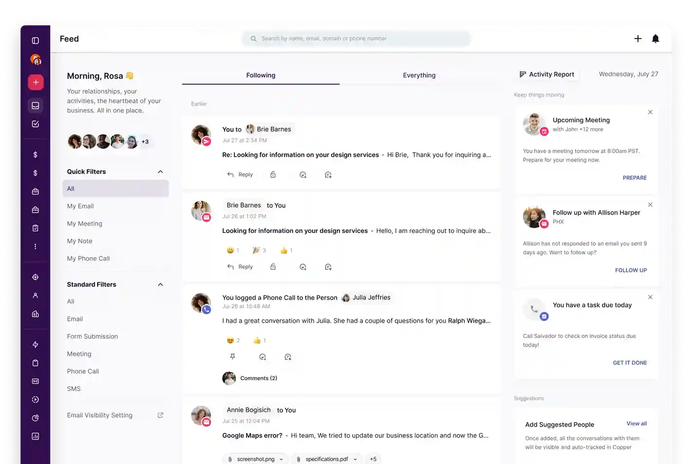 Halaman Fitur Activity Feed Aplikasi CRM Copper CRM