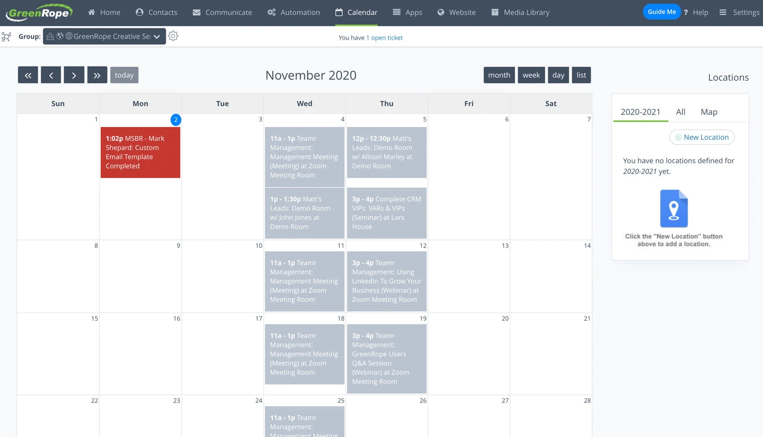 Dashboard Manajemen Kalender Aplikasi CRM GreenRope