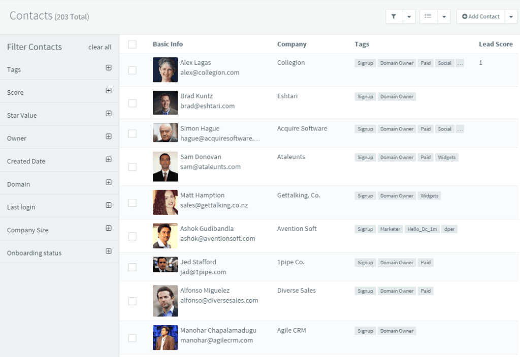 Dashboard Manajemen Kontak Aplikasi CRM Agile CRM