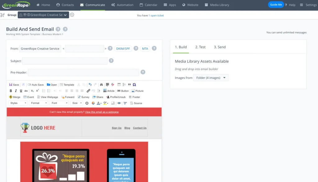 Dashboard Marketing Aplikasi CRM GreenRope