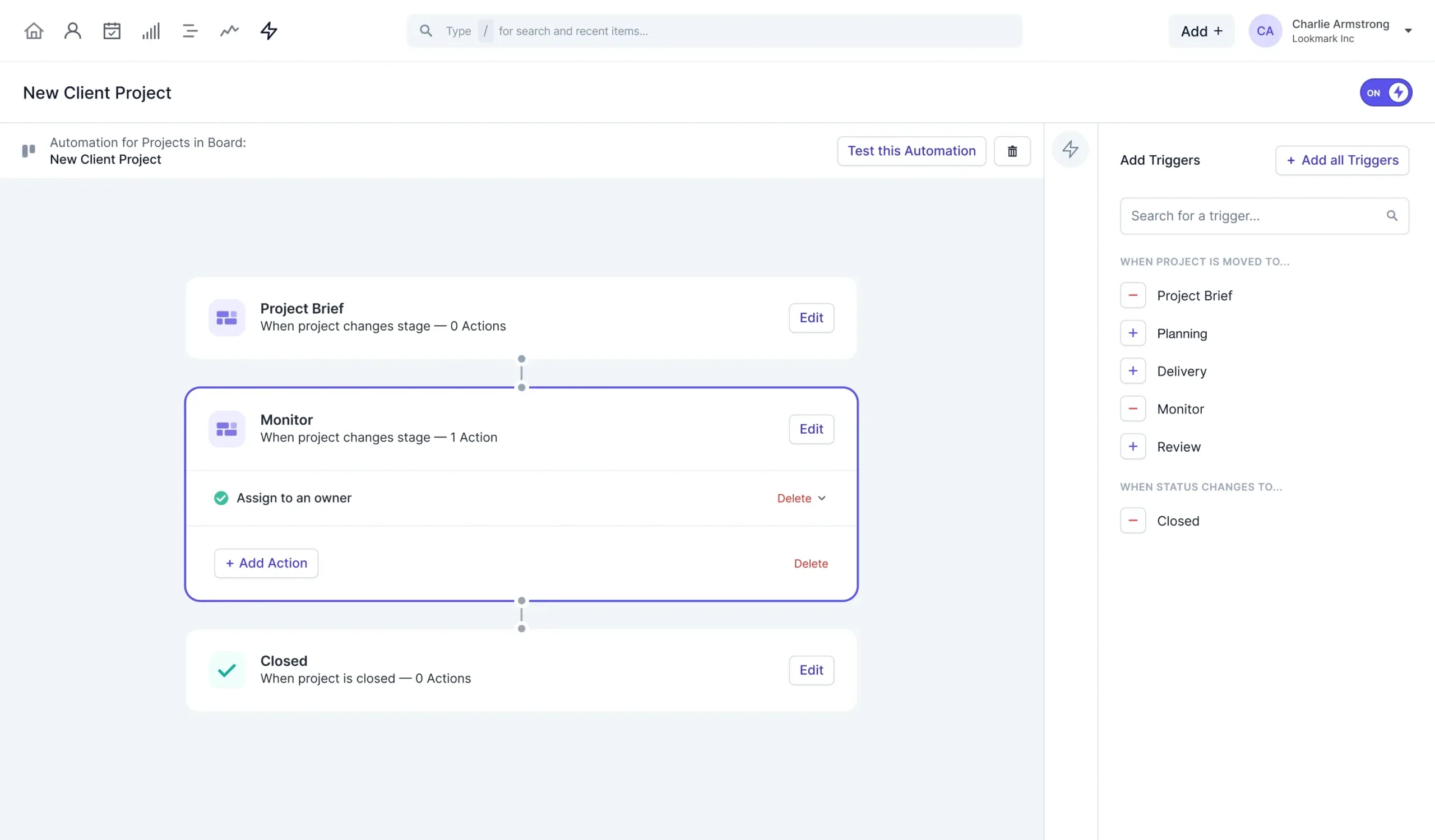 Dashboard Otomasi Workflow Aplikasi CRM CapsuleCRM