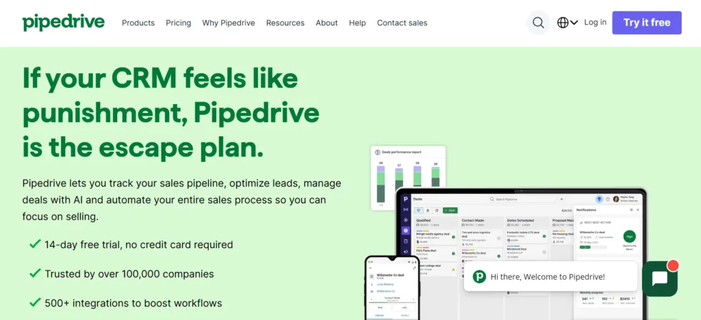 Homepage Aplikasi CRM Pipedrive
