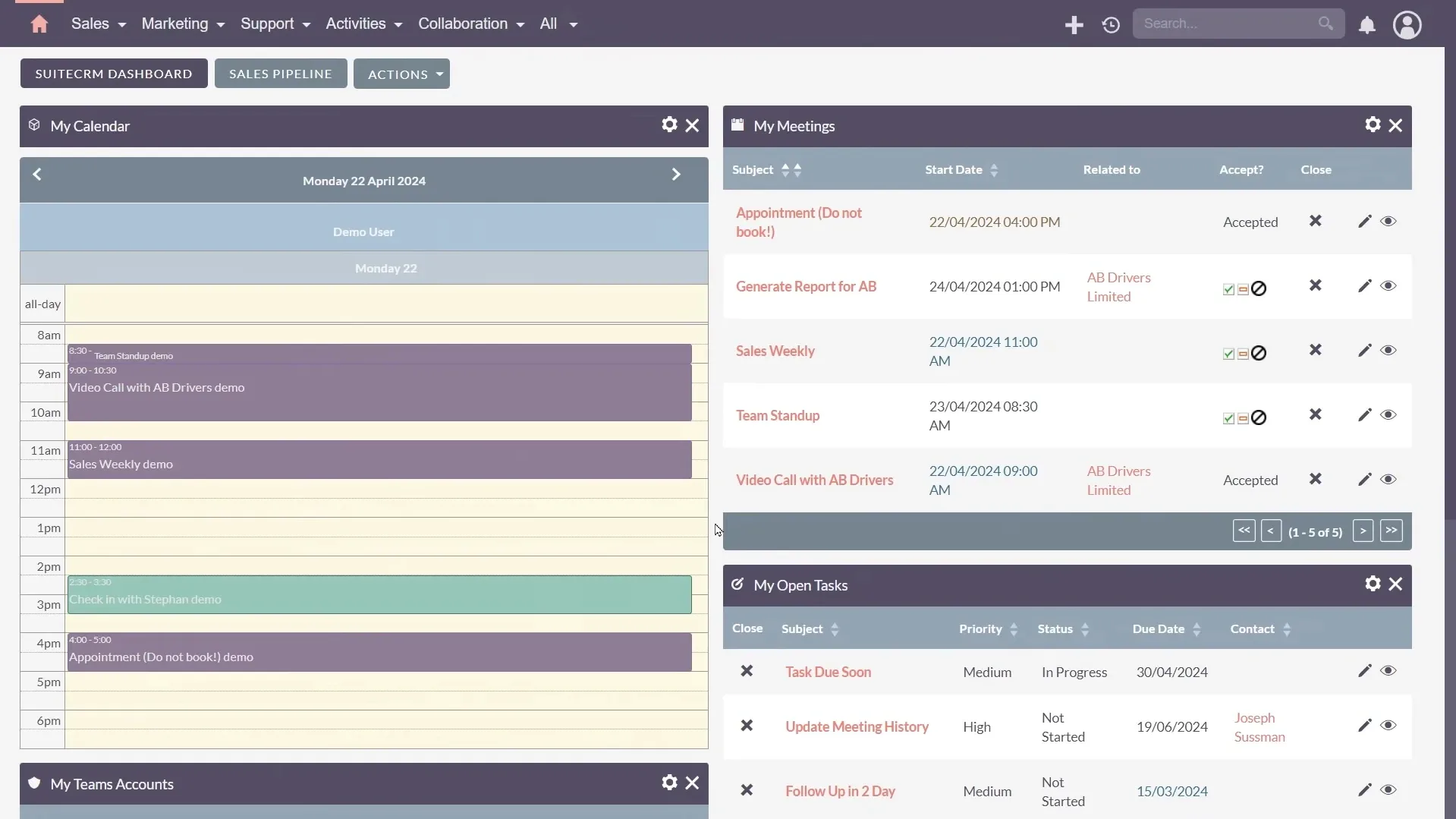 Dashboard Aplikasi CRM SuiteCRM