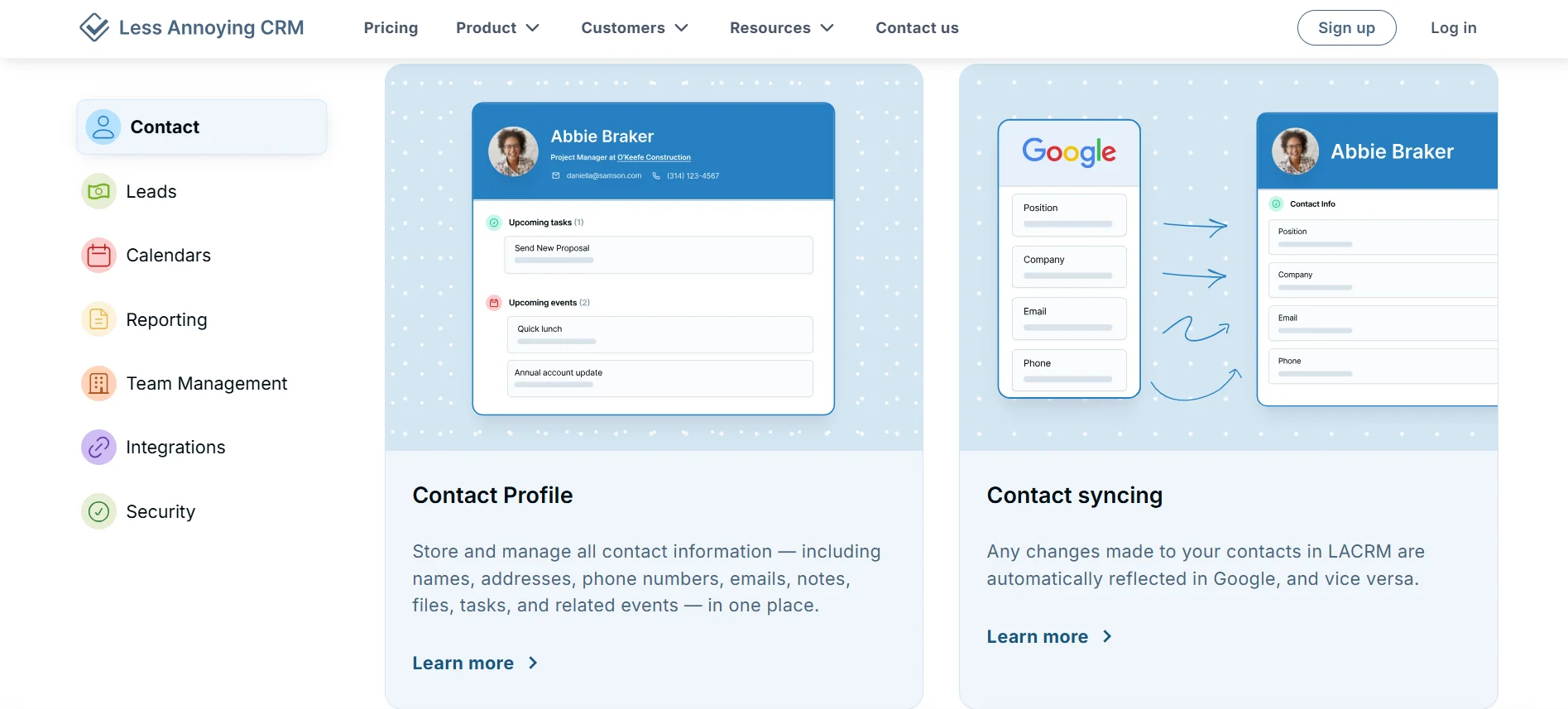 Halaman Fitur Manajemen Kontak Aplikasi CRM Less Annoying CRM