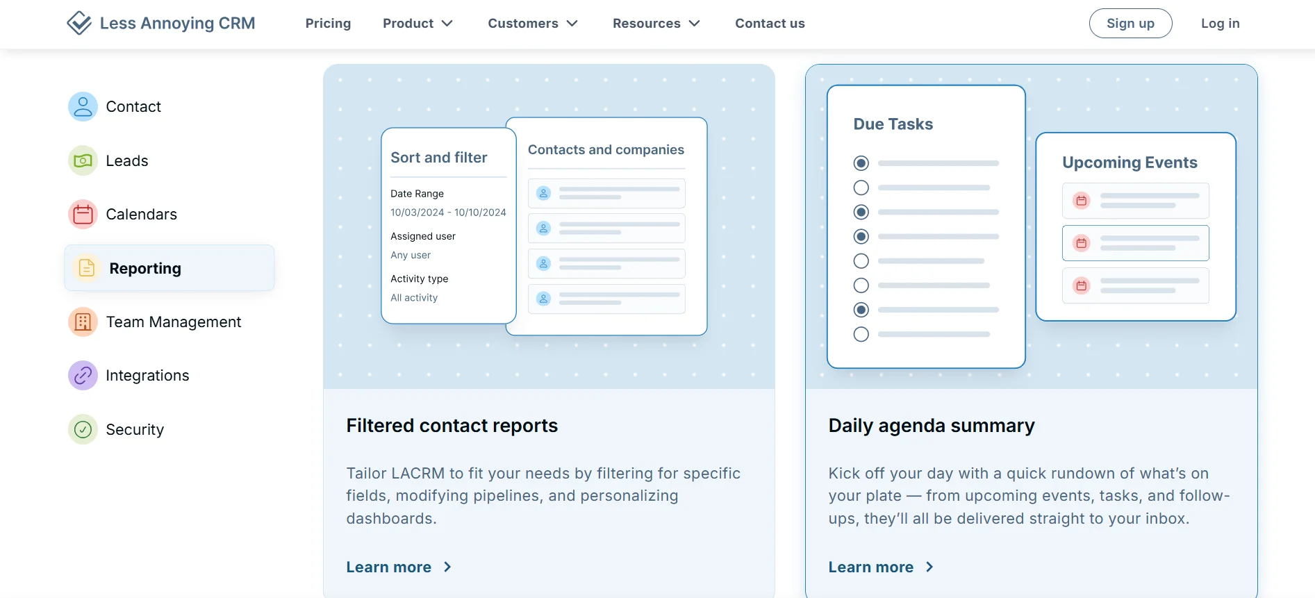 Halaman Fitur Laporan Analitik  Aplikasi CRM Less Annoying CRM